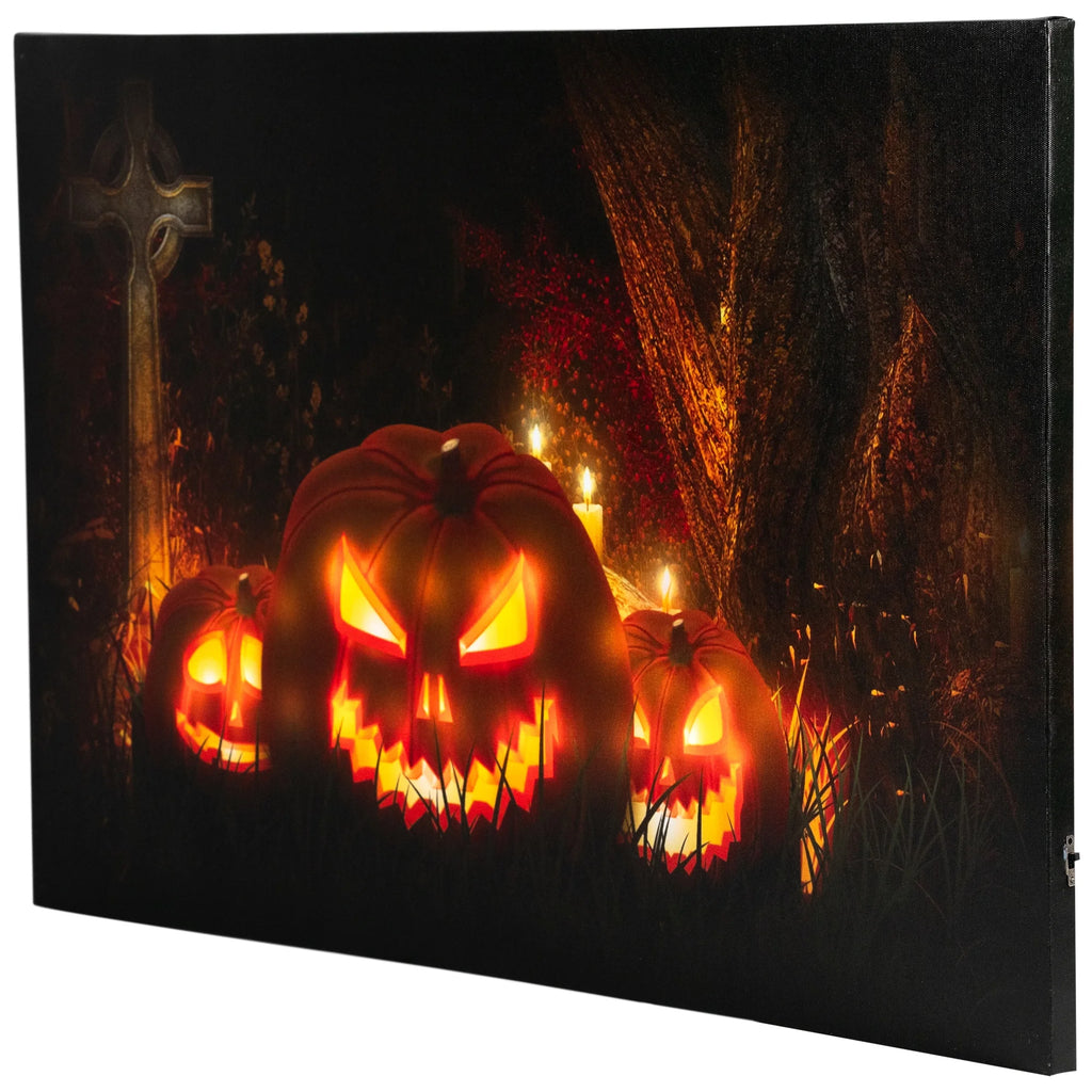 LED Lighted Jack-O-Lanterns in Cemetery Halloween Canvas Wall Art 23.5" X 15.5"