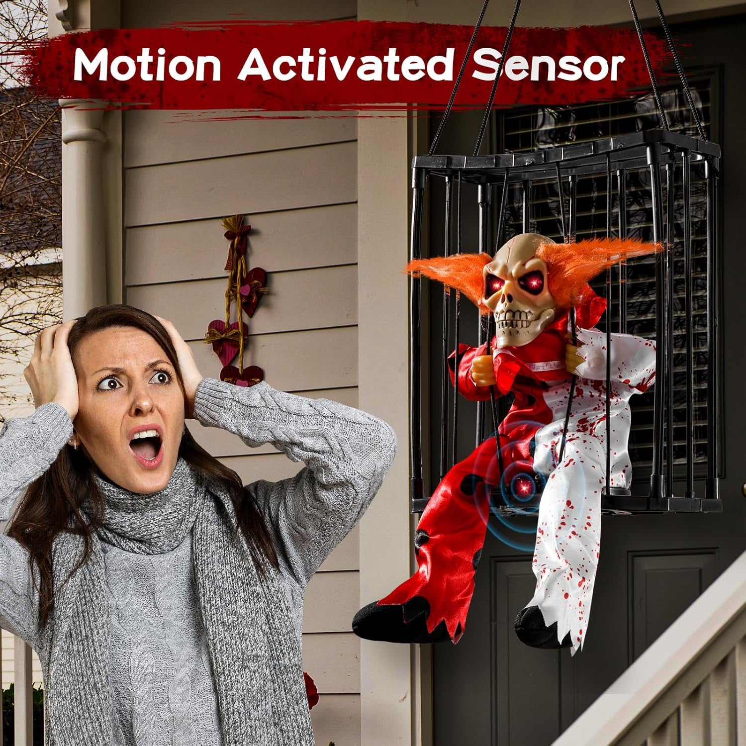 Screaming Halloween Decorations, Animated Halloween Decor,Clown Scary Skull Cage