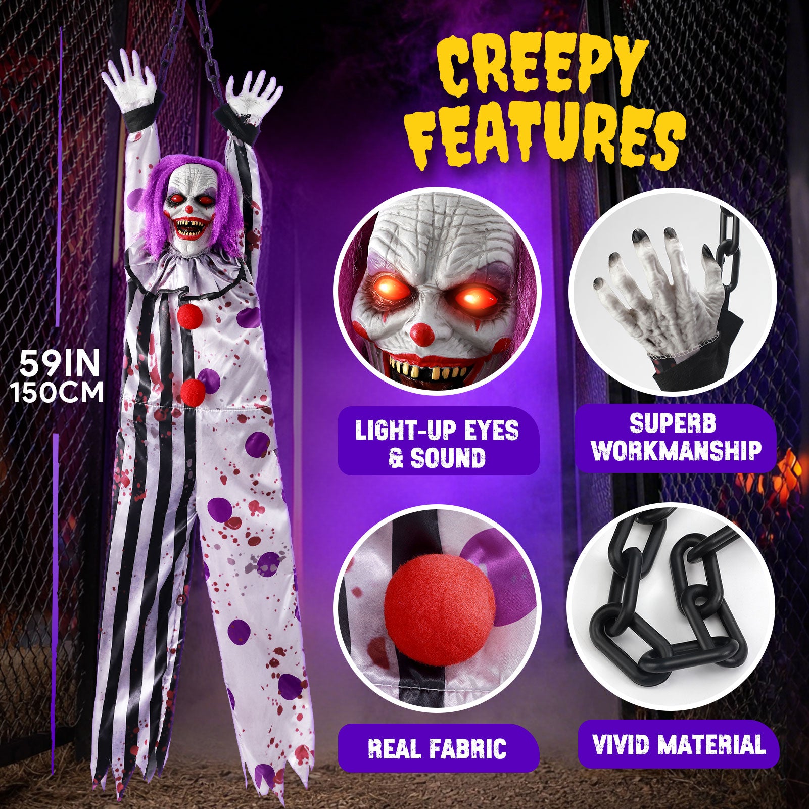 59In Halloween Animatronics, Hanging Halloween Clown Sound Sensor, Scary Halloween Decorations Outdoor, Haunted House Prop