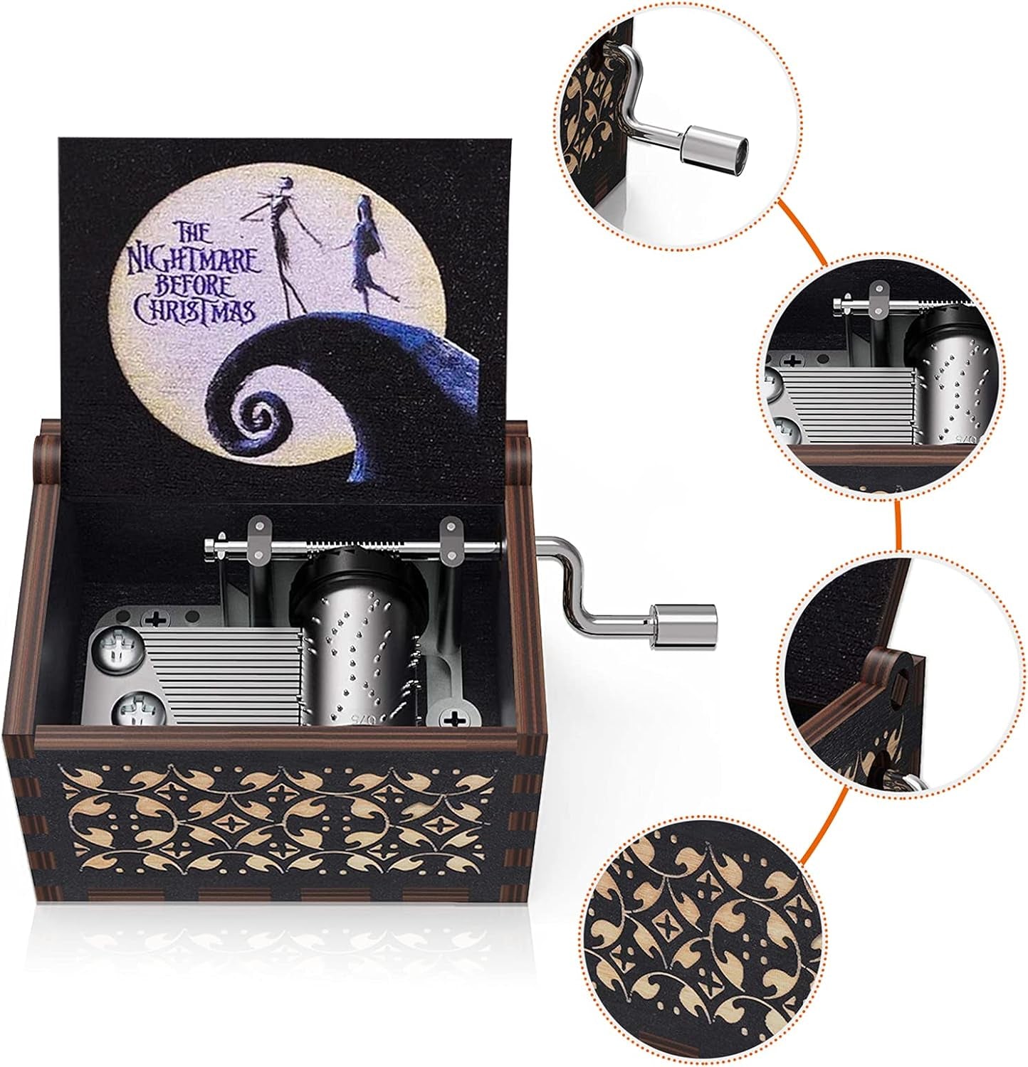 This Is Halloween Tune Wood Music Box before Christmas Hand Crank Engraved Vintage Wooden Music Box Gifts for Kids/Girlfriend/Women/Daughter for Halloween Christmas Birthday(White Black)