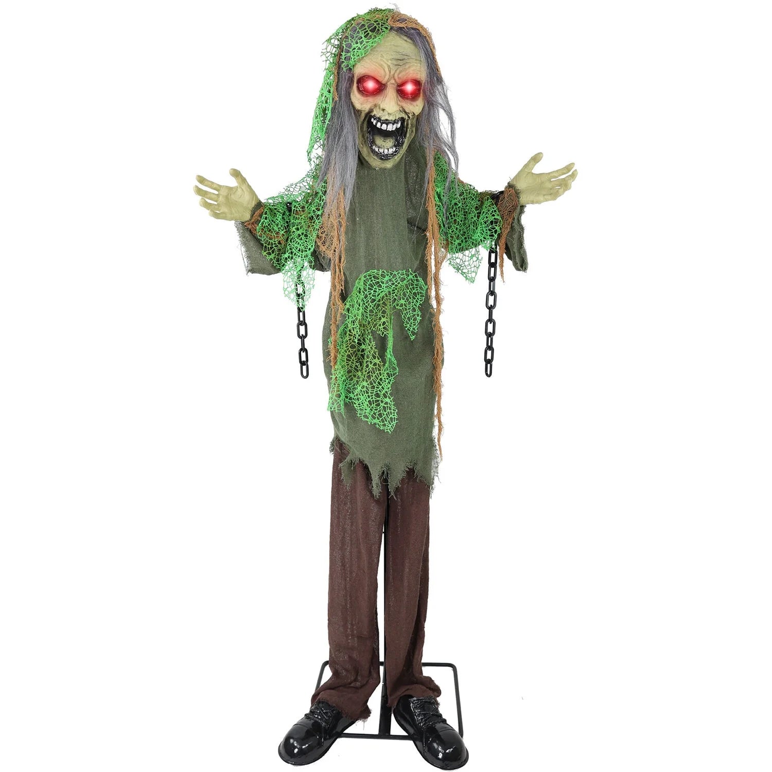 5.5 Ft Lifesize Animatronic Zombie with Chains with Lights and Sound, Indoor/Covered Outdoor Halloween Decoration, HHZOMB-9FLSA