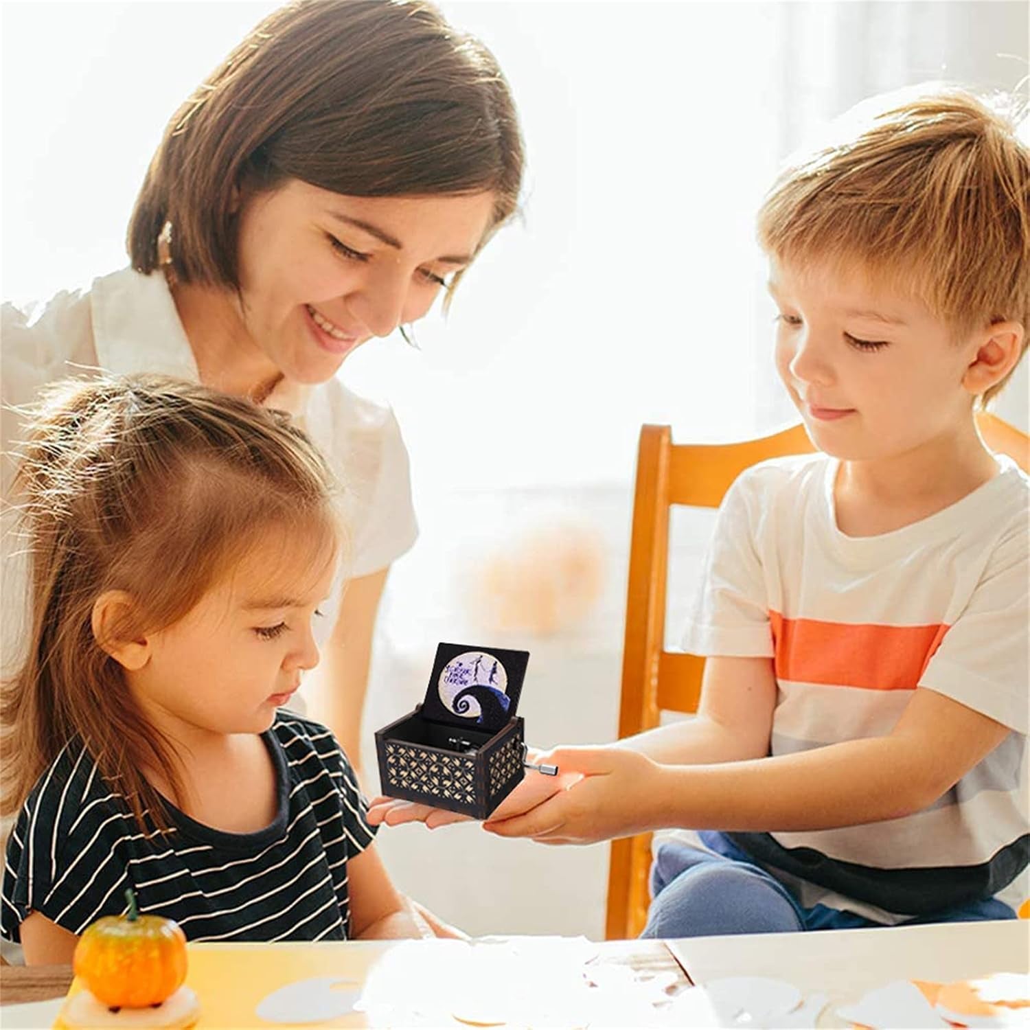 This Is Halloween Tune Wood Music Box before Christmas Hand Crank Engraved Vintage Wooden Music Box Gifts for Kids/Girlfriend/Women/Daughter for Halloween Christmas Birthday(White Black)