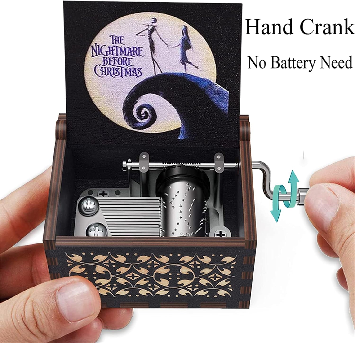 This Is Halloween Tune Wood Music Box before Christmas Hand Crank Engraved Vintage Wooden Music Box Gifts for Kids/Girlfriend/Women/Daughter for Halloween Christmas Birthday(White Black)