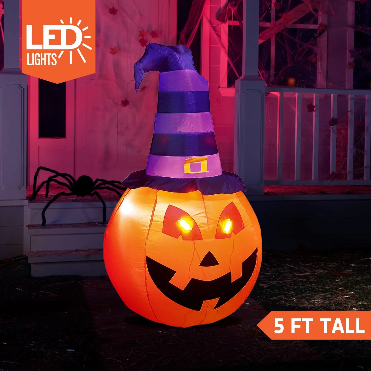 5 FT Halloween Inflatable Pumpkin with Witch Hat and Build-In Leds,Blow up Halloween Decorations,Fall Inflatables Outdoor Decorations