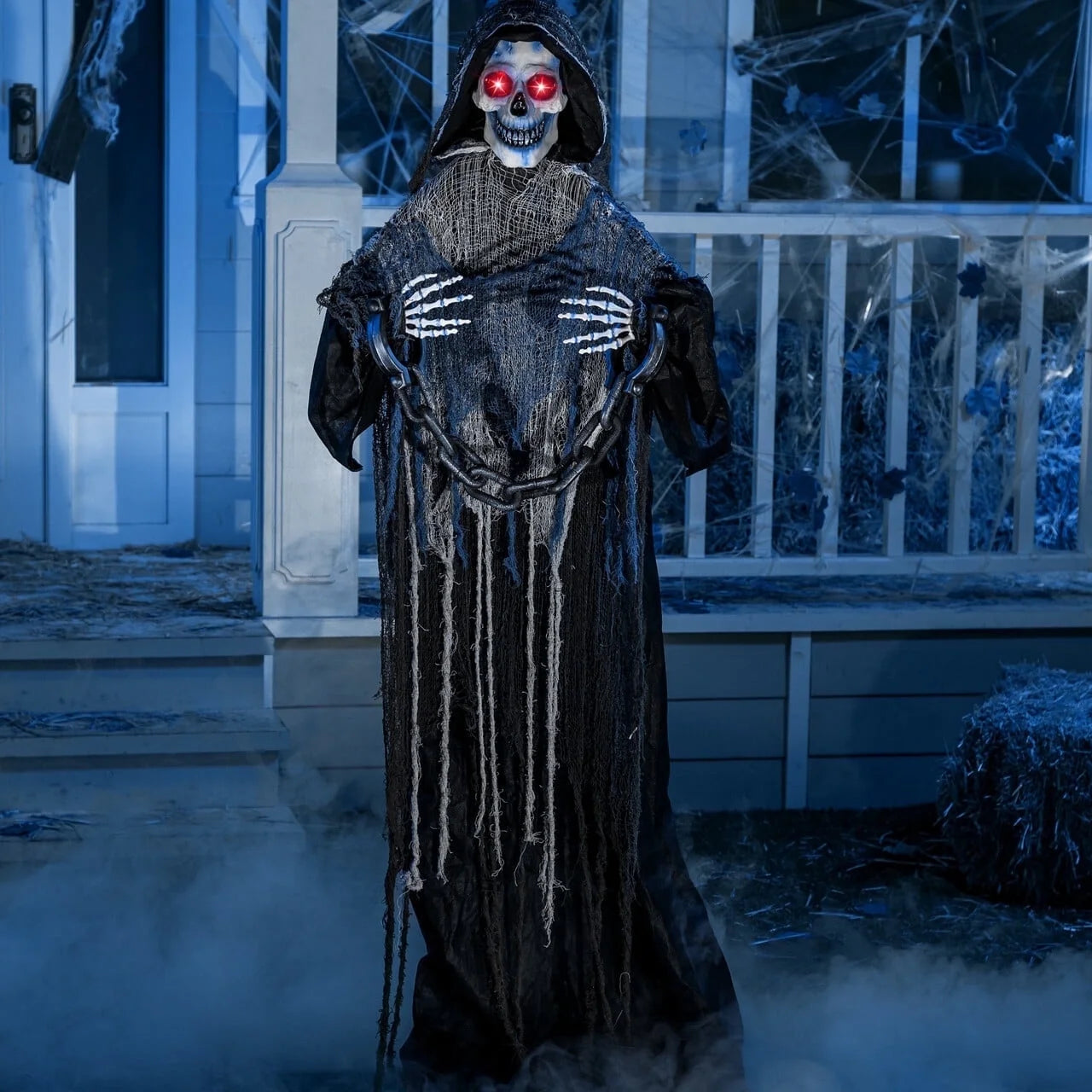 67 Inch Standing Grim Reaper with Chain Large Halloween Decorations Outdoor Scary Decorations Halloween Motion Activated Grim Reaper with LED Eyes & Sound