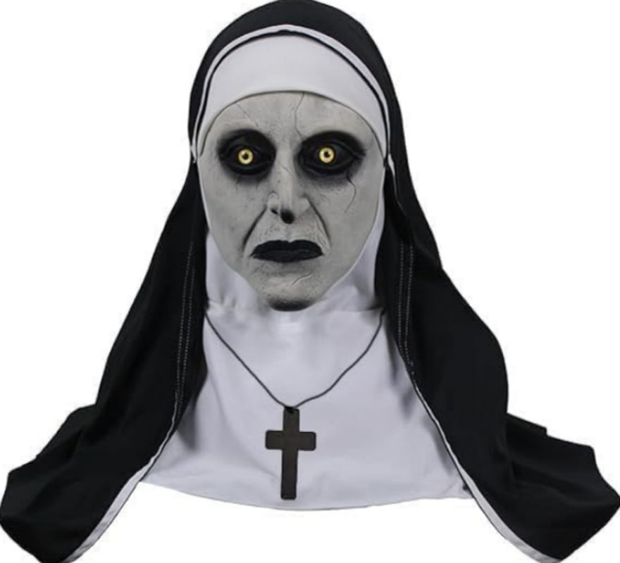 The Nun Scary Halloween Mask, Full Head Horror Mask with Cross Necklace, Gothic