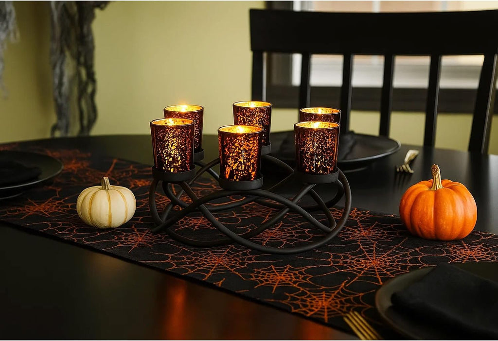 Halloween Candle Holder Centerpiece Decoration – Black Metal Iron 6-Cup Votive Tealight Holder for Spooky Table Gothic Decor, Kitchen & Dining Room, Coffee Tables