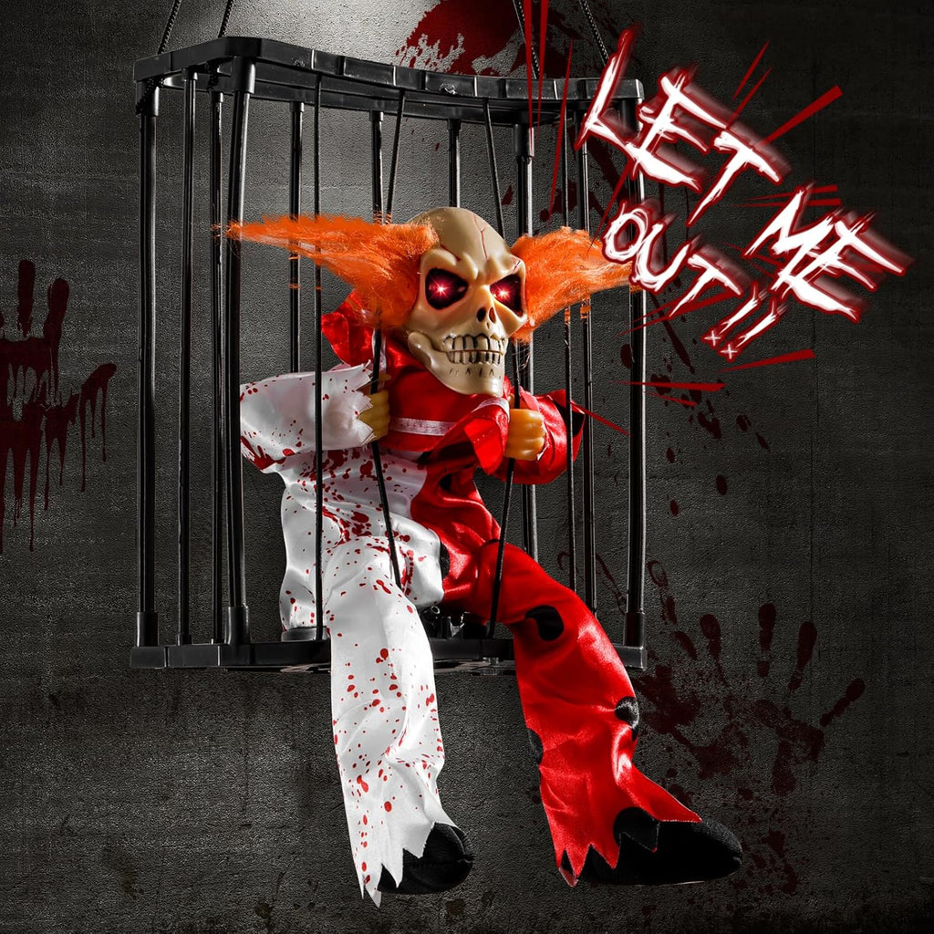 Screaming Halloween Decorations, Animated Halloween Decor,Clown Scary Skull Cage
