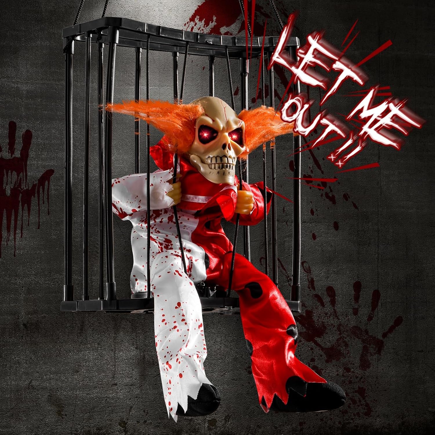 Screaming Halloween Decorations, Animated Halloween Decor,Clown Scary Skull Cage