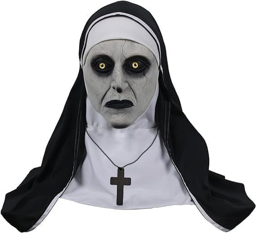 The Nun Scary Halloween Mask, Full Head Horror Mask with Cross Necklace, Gothic