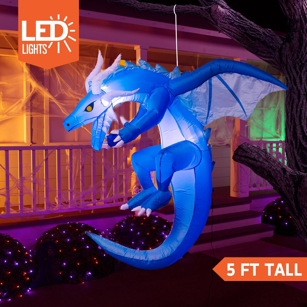 5 FT Halloween Inflatable Ice Dragon,Blue Hanging Flying Dragon Inflatable Halloween Blow up Yard Decorations outside Decorations