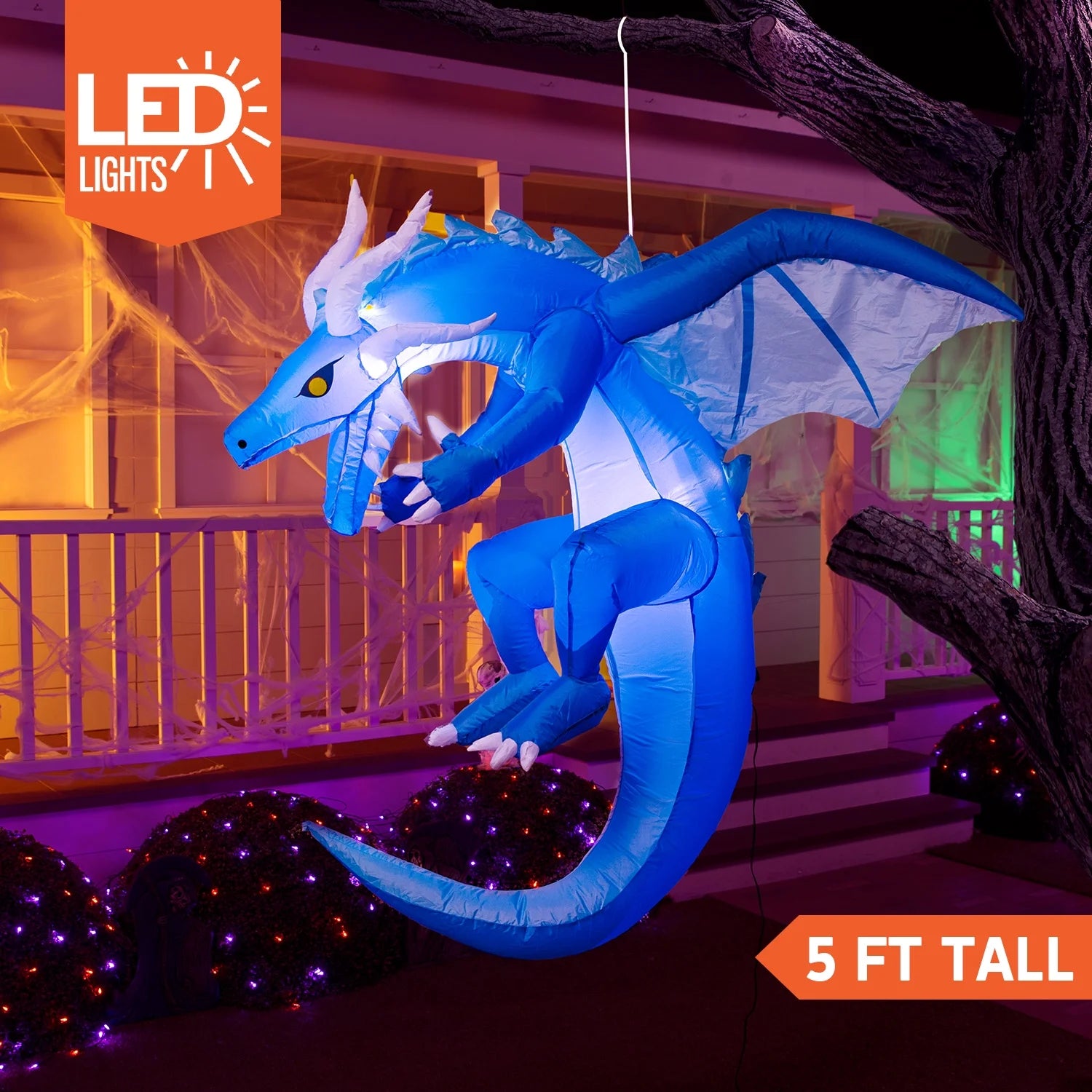 5 FT Halloween Inflatable Ice Dragon,Blue Hanging Flying Dragon Inflatable Halloween Blow up Yard Decorations outside Decorations