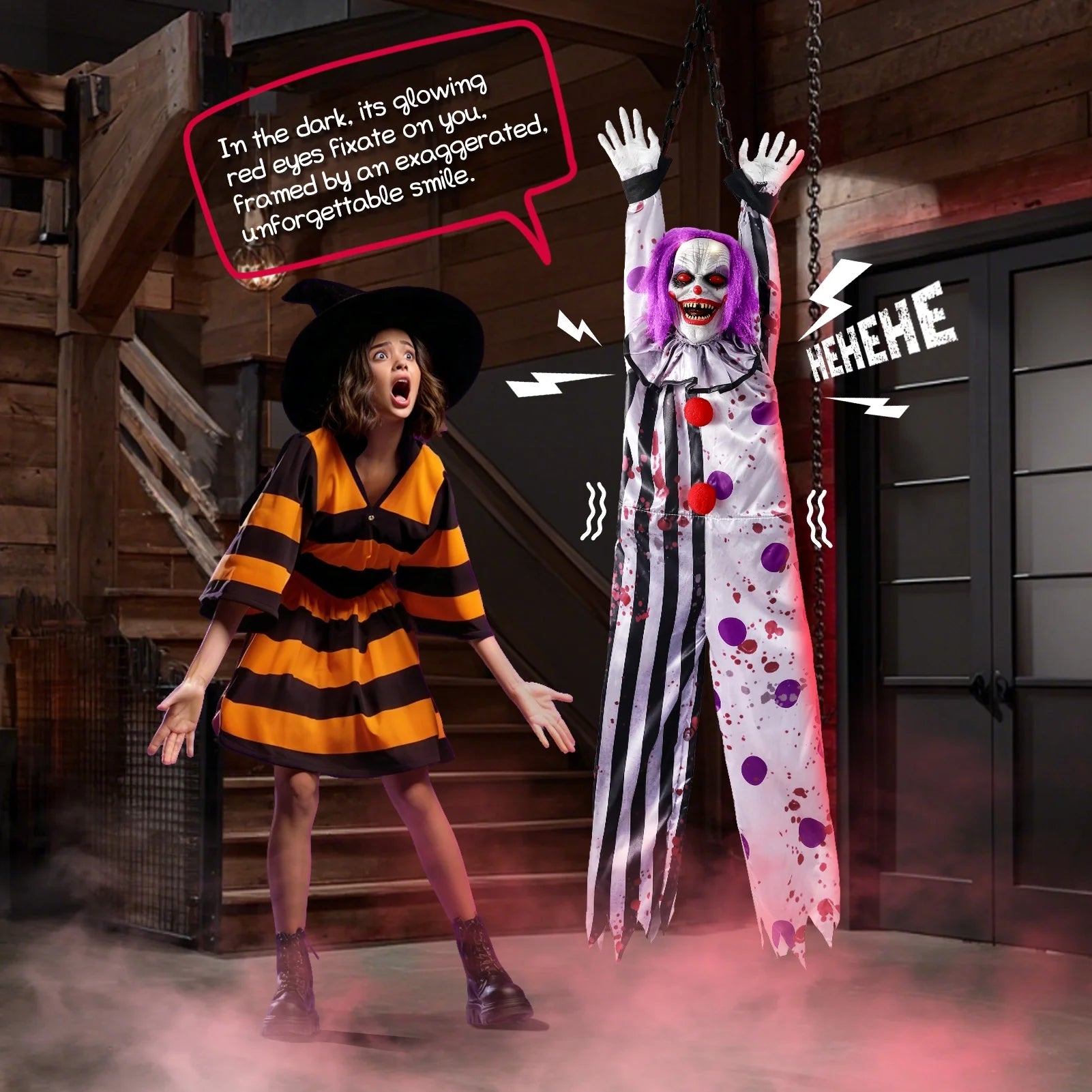 59In Halloween Animatronics, Hanging Halloween Clown Sound Sensor, Scary Halloween Decorations Outdoor, Haunted House Prop