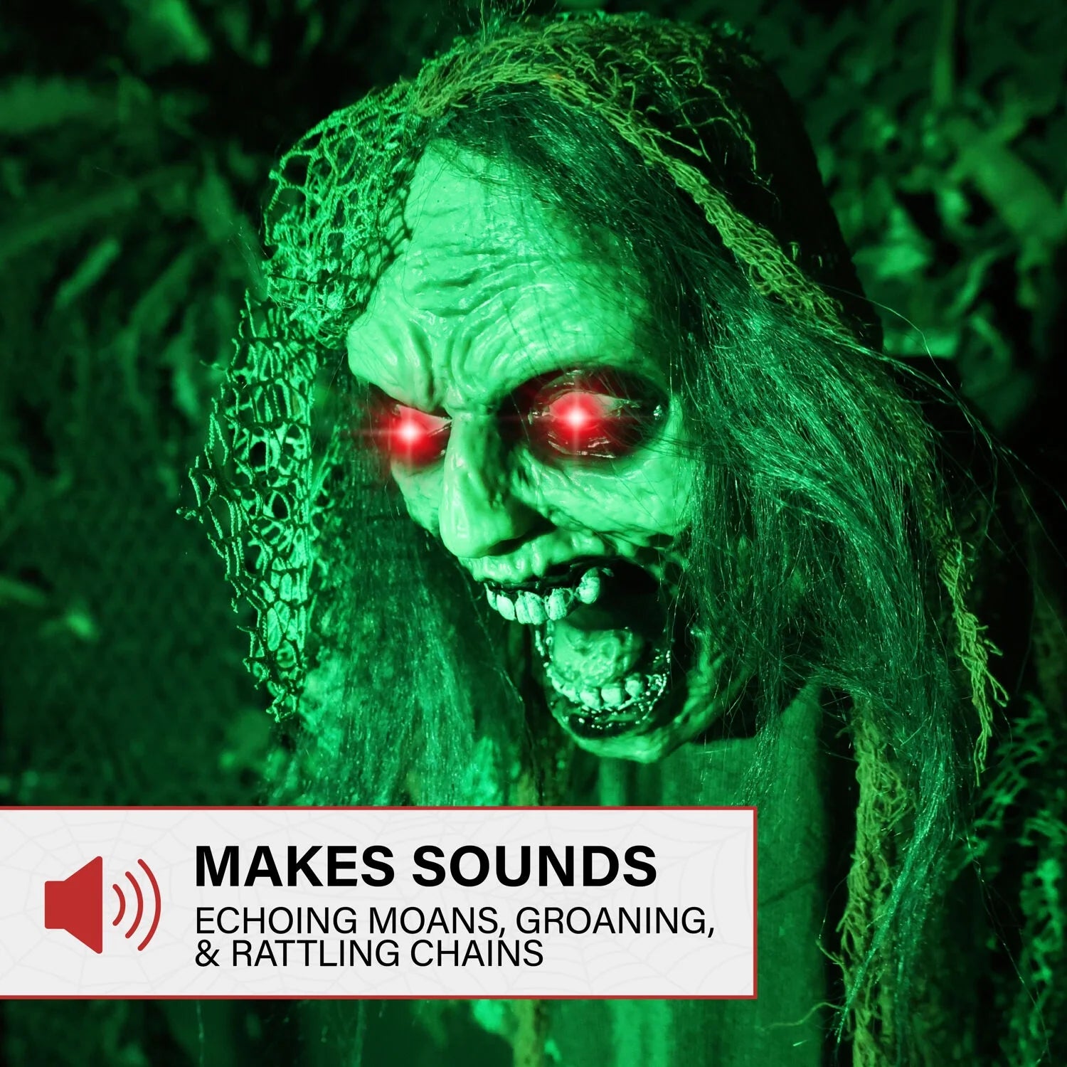 5.5 Ft Lifesize Animatronic Zombie with Chains with Lights and Sound, Indoor/Covered Outdoor Halloween Decoration, HHZOMB-9FLSA