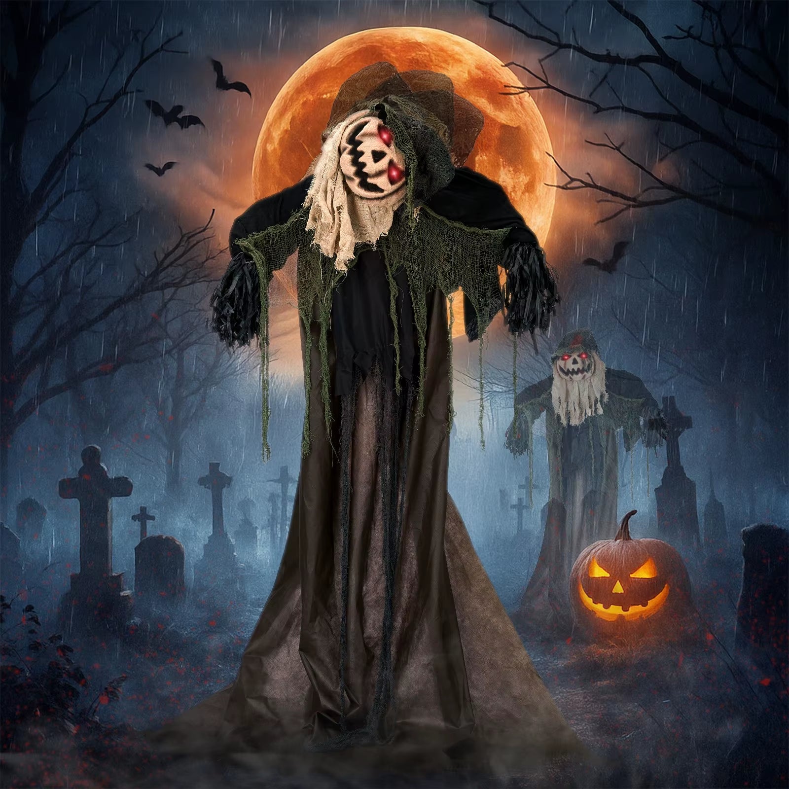 Scary Halloween 5.7FT Sound-Actived Life Size Animatronics Wizard with Pumpkin