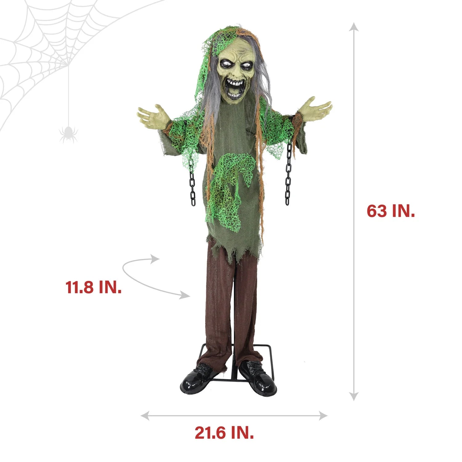5.5 Ft Lifesize Animatronic Zombie with Chains with Lights and Sound, Indoor/Covered Outdoor Halloween Decoration, HHZOMB-9FLSA