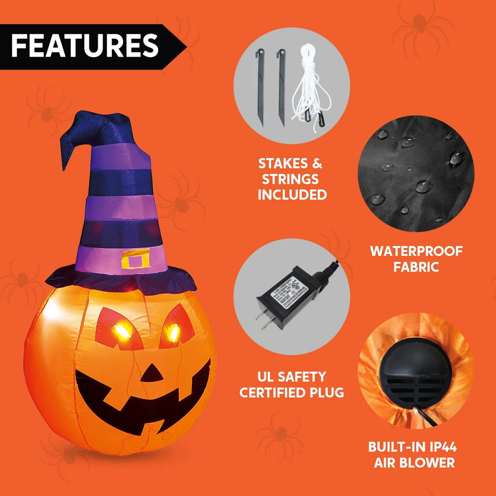 5 FT Halloween Inflatable Pumpkin with Witch Hat and Build-In Leds,Blow up Halloween Decorations,Fall Inflatables Outdoor Decorations