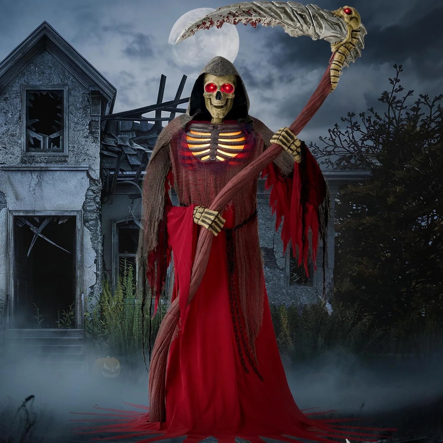 8.3Ft Halloween Decorations Grim Reaper Animatronics, Grim Reaper Halloween Decoration Skeleton Holding Giant Scythe with Light and Infrared Sensor Scary Haunted House Indoor Decor