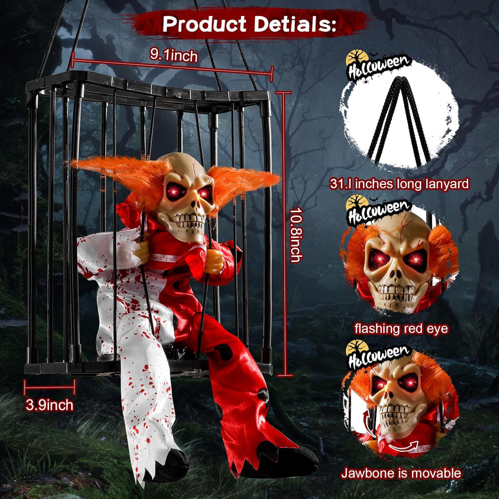 Screaming Halloween Decorations, Animated Halloween Decor,Clown Scary Skull Cage
