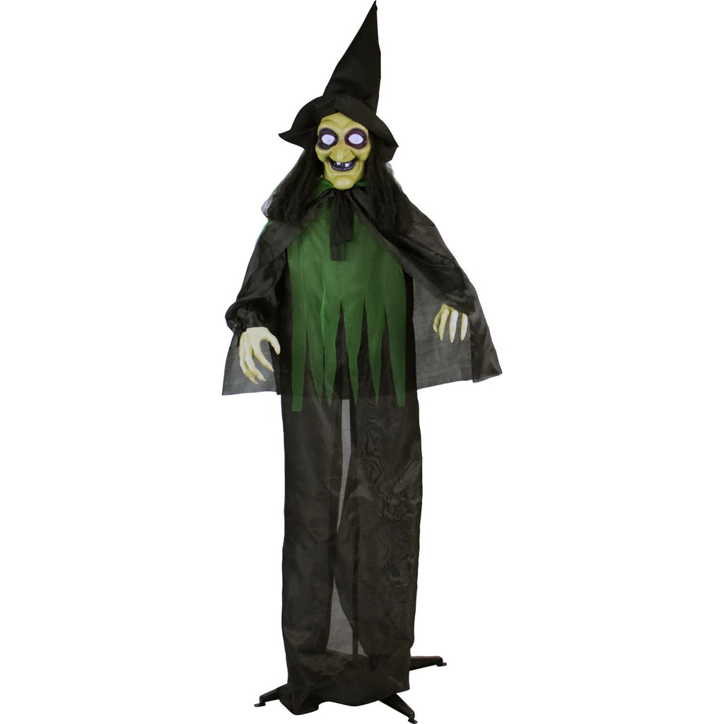 5.7 Ft Animatronic 3 Witches with Cauldron, Indoor/Covered Outdoor Halloween Decoration with Light-Up Eyes, HHWITCH-15FLS