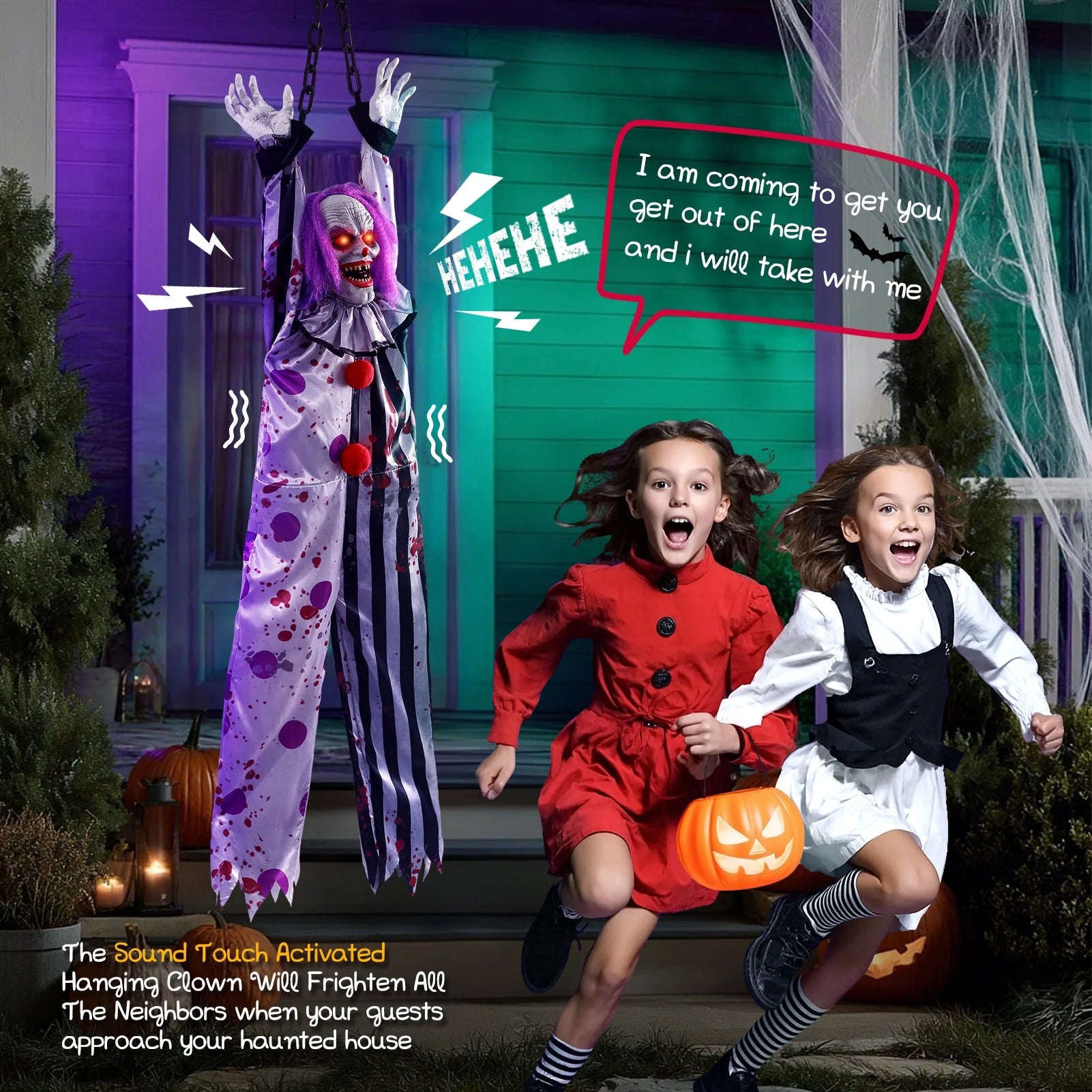 59In Halloween Animatronics, Hanging Halloween Clown Sound Sensor, Scary Halloween Decorations Outdoor, Haunted House Prop