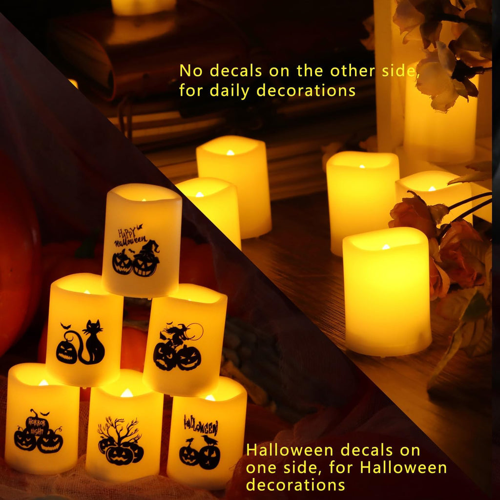 Battery Operated Flameless Votive Candles, Small Realistic Flickering Electric LED Candle Lights with Pumpkin Decals for Halloween Decorations, Pack of 6, Batteries Included