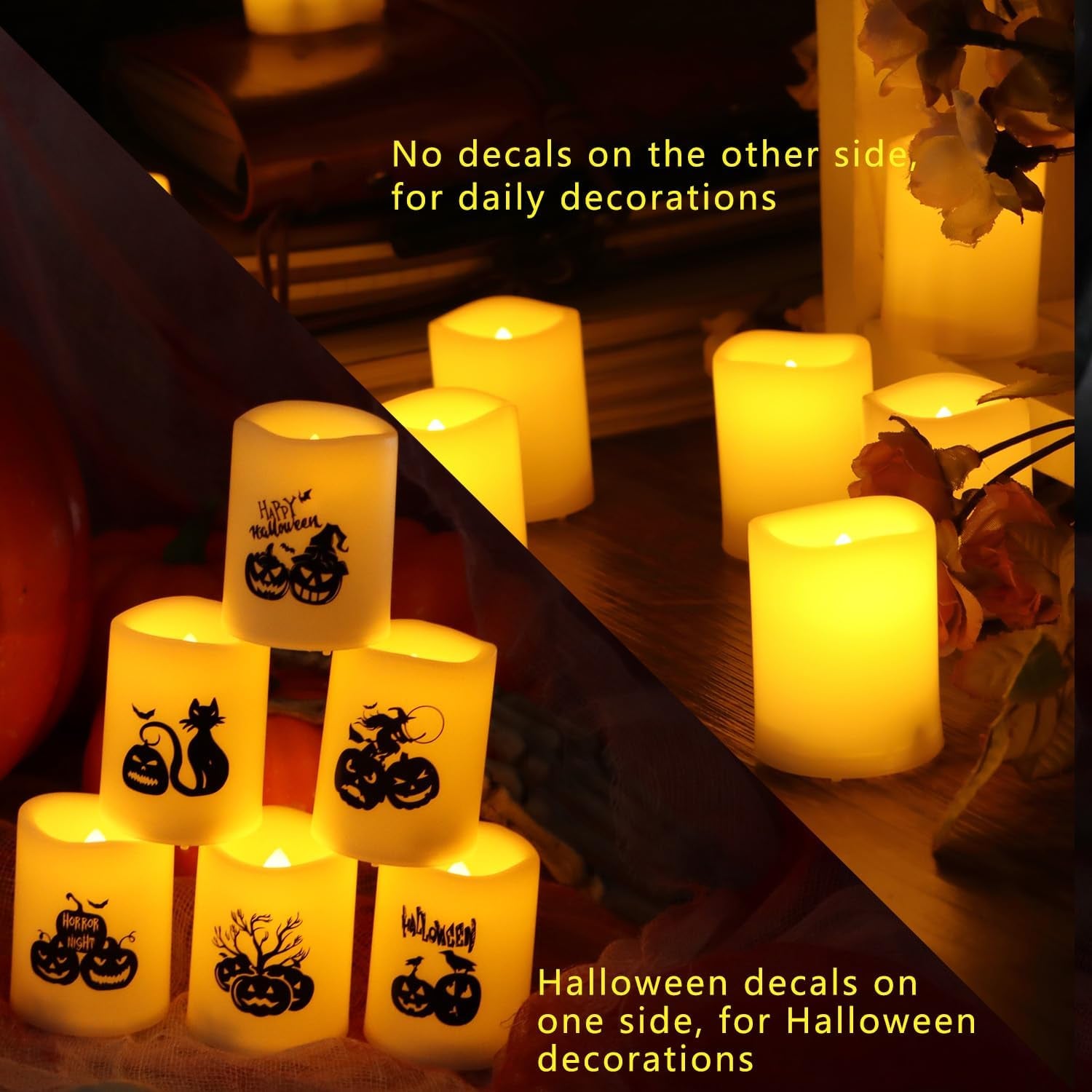Battery Operated Flameless Votive Candles, Small Realistic Flickering Electric LED Candle Lights with Pumpkin Decals for Halloween Decorations, Pack of 6, Batteries Included