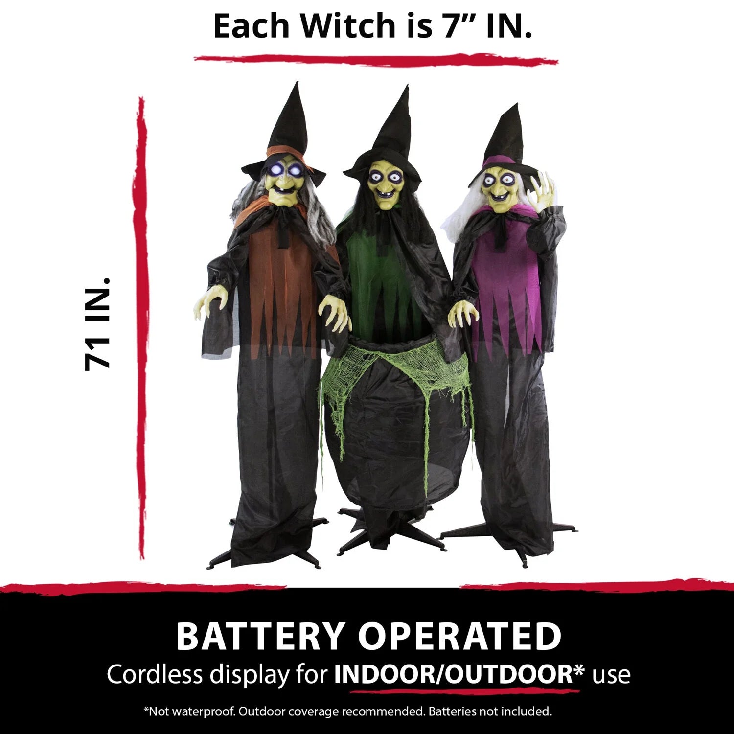 5.7 Ft Animatronic 3 Witches with Cauldron, Indoor/Covered Outdoor Halloween Decoration with Light-Up Eyes, HHWITCH-15FLS