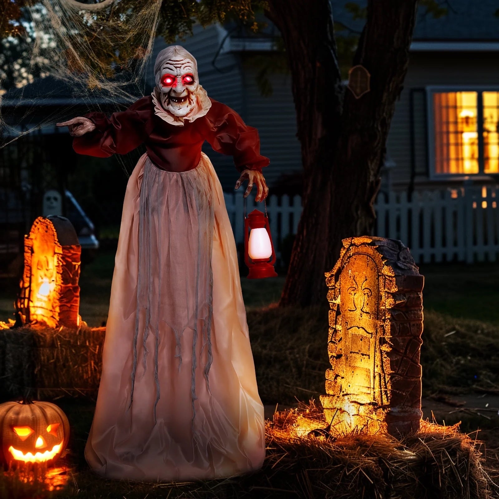 5FT Halloween Animatronics Life Size Witch Scary Prop, Motion Activated Outdoor Decoration for Haunted House Party Lawn Patio Yard Decor