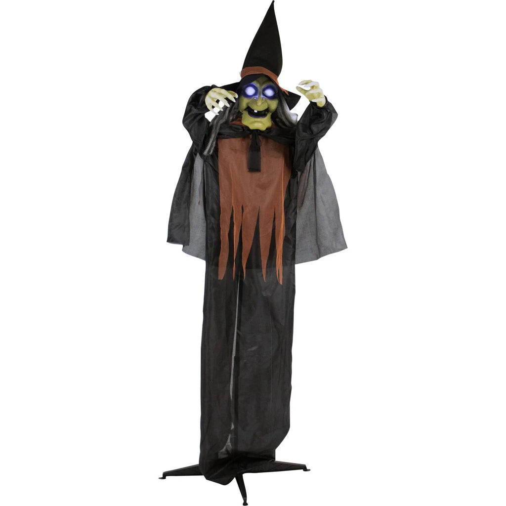 5.7 Ft Animatronic 3 Witches with Cauldron, Indoor/Covered Outdoor Halloween Decoration with Light-Up Eyes, HHWITCH-15FLS