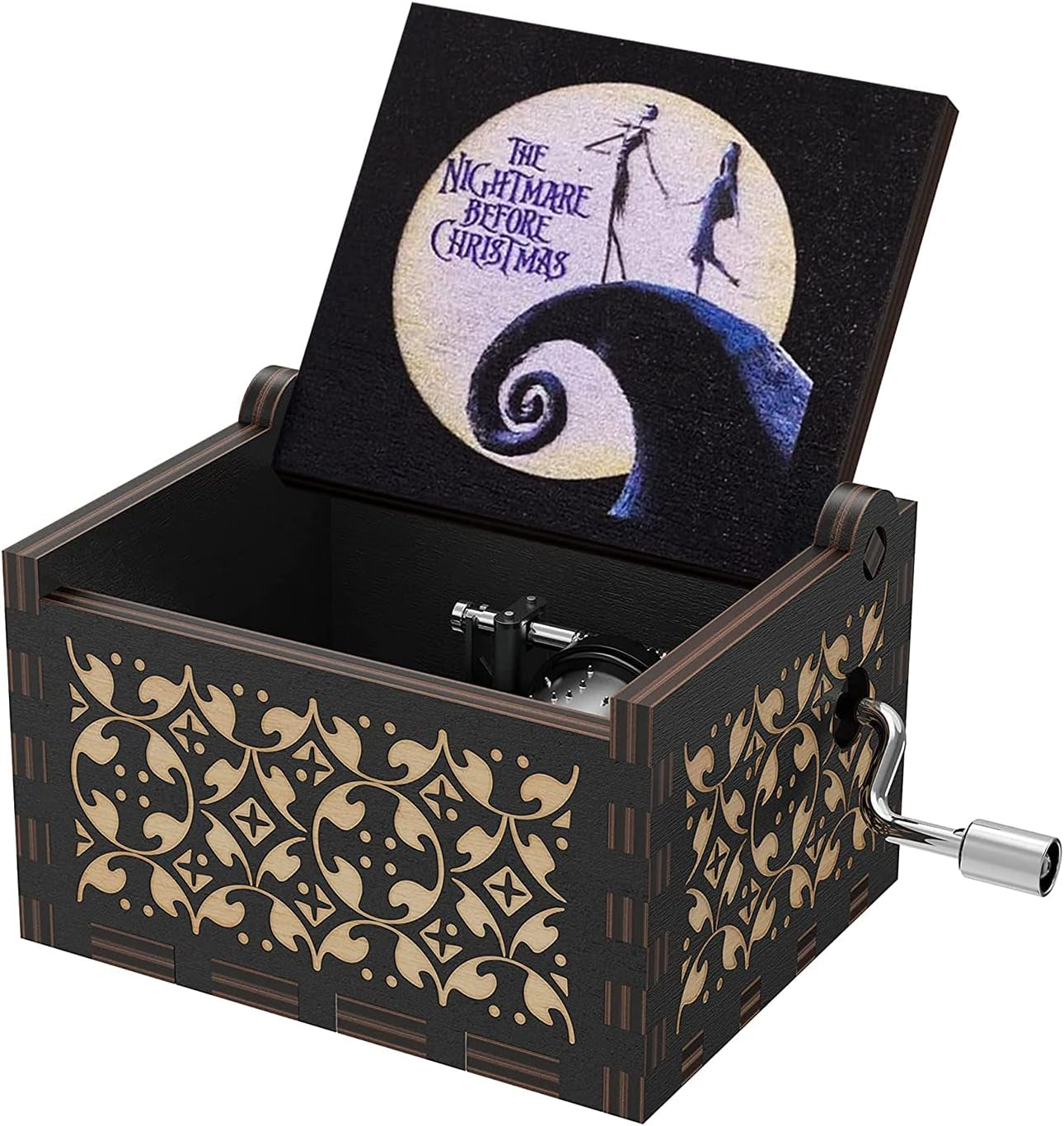 This Is Halloween Tune Wood Music Box before Christmas Hand Crank Engraved Vintage Wooden Music Box Gifts for Kids/Girlfriend/Women/Daughter for Halloween Christmas Birthday(White Black)
