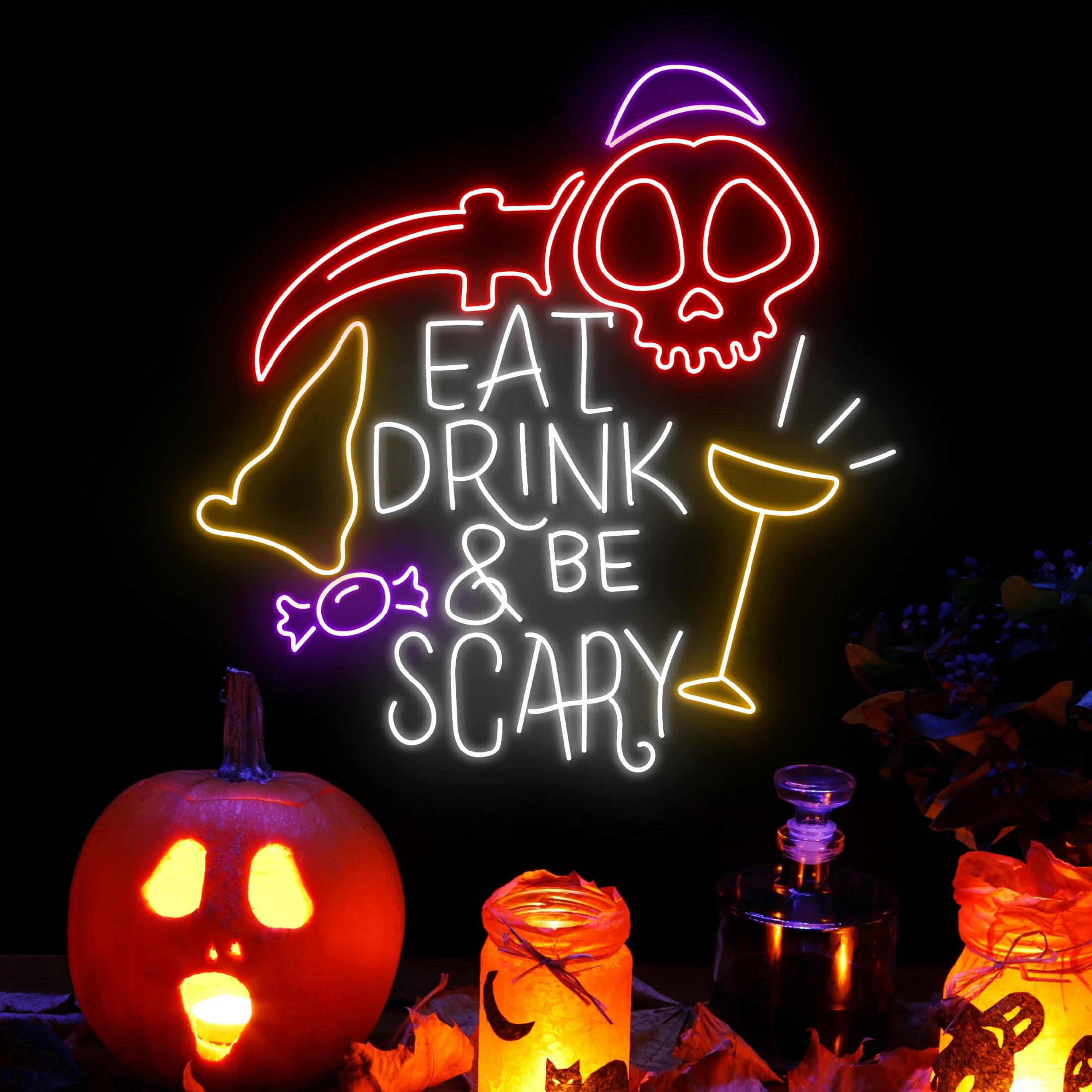 Eat Drink & Be Scary Neon Sign, Halloween Wall Decor
