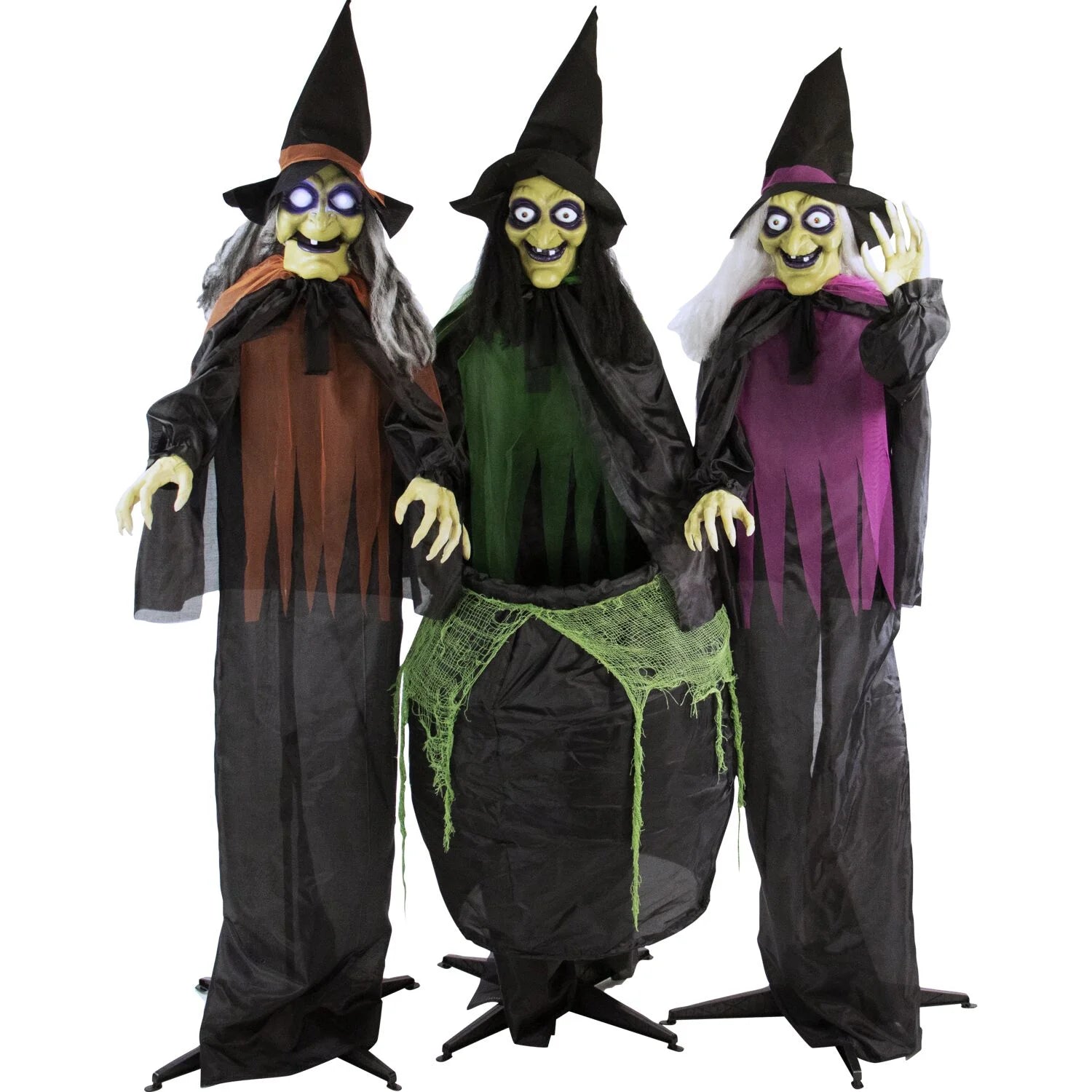 5.7 Ft Animatronic 3 Witches with Cauldron, Indoor/Covered Outdoor Halloween Decoration with Light-Up Eyes, HHWITCH-15FLS