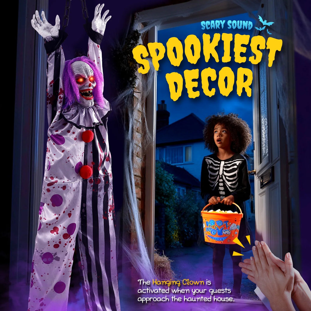 59In Halloween Animatronics, Hanging Halloween Clown Sound Sensor, Scary Halloween Decorations Outdoor, Haunted House Prop