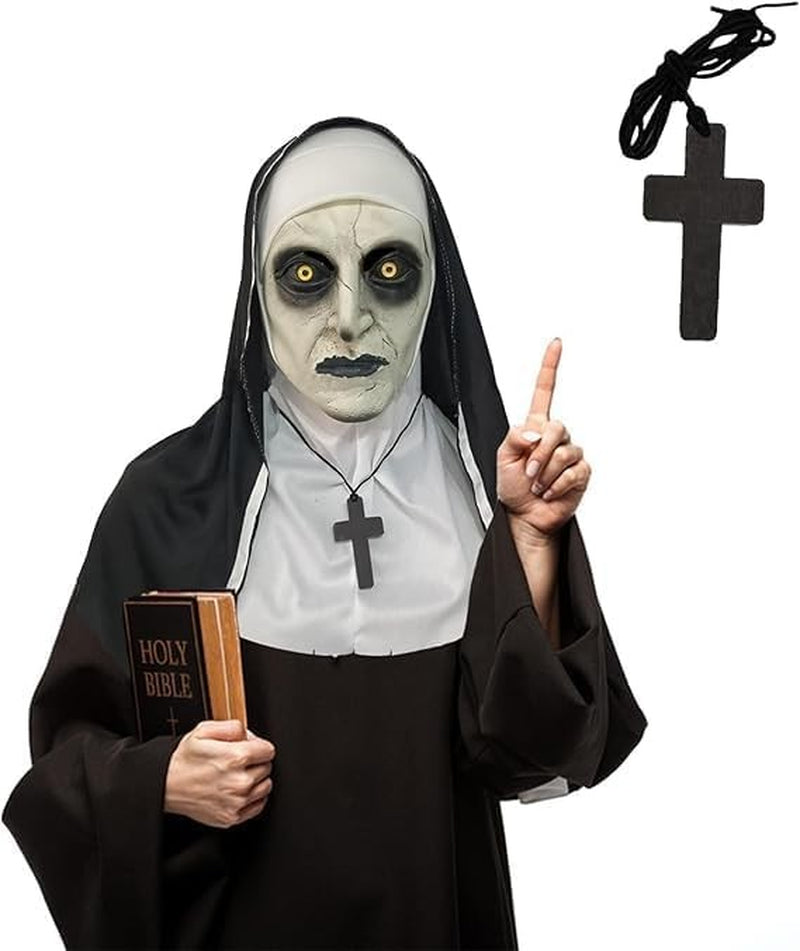 The Nun Scary Halloween Mask, Full Head Horror Mask with Cross Necklace, Gothic