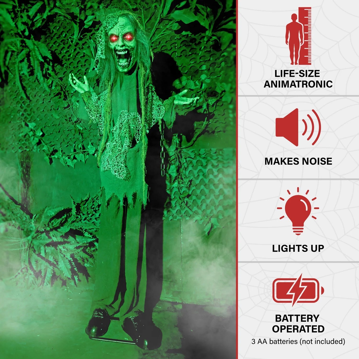 5.5 Ft Lifesize Animatronic Zombie with Chains with Lights and Sound, Indoor/Covered Outdoor Halloween Decoration, HHZOMB-9FLSA