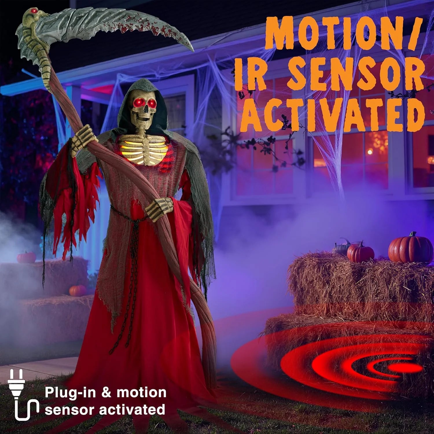 8.3Ft Halloween Decorations Grim Reaper Animatronics, Grim Reaper Halloween Decoration Skeleton Holding Giant Scythe with Light and Infrared Sensor Scary Haunted House Indoor Decor