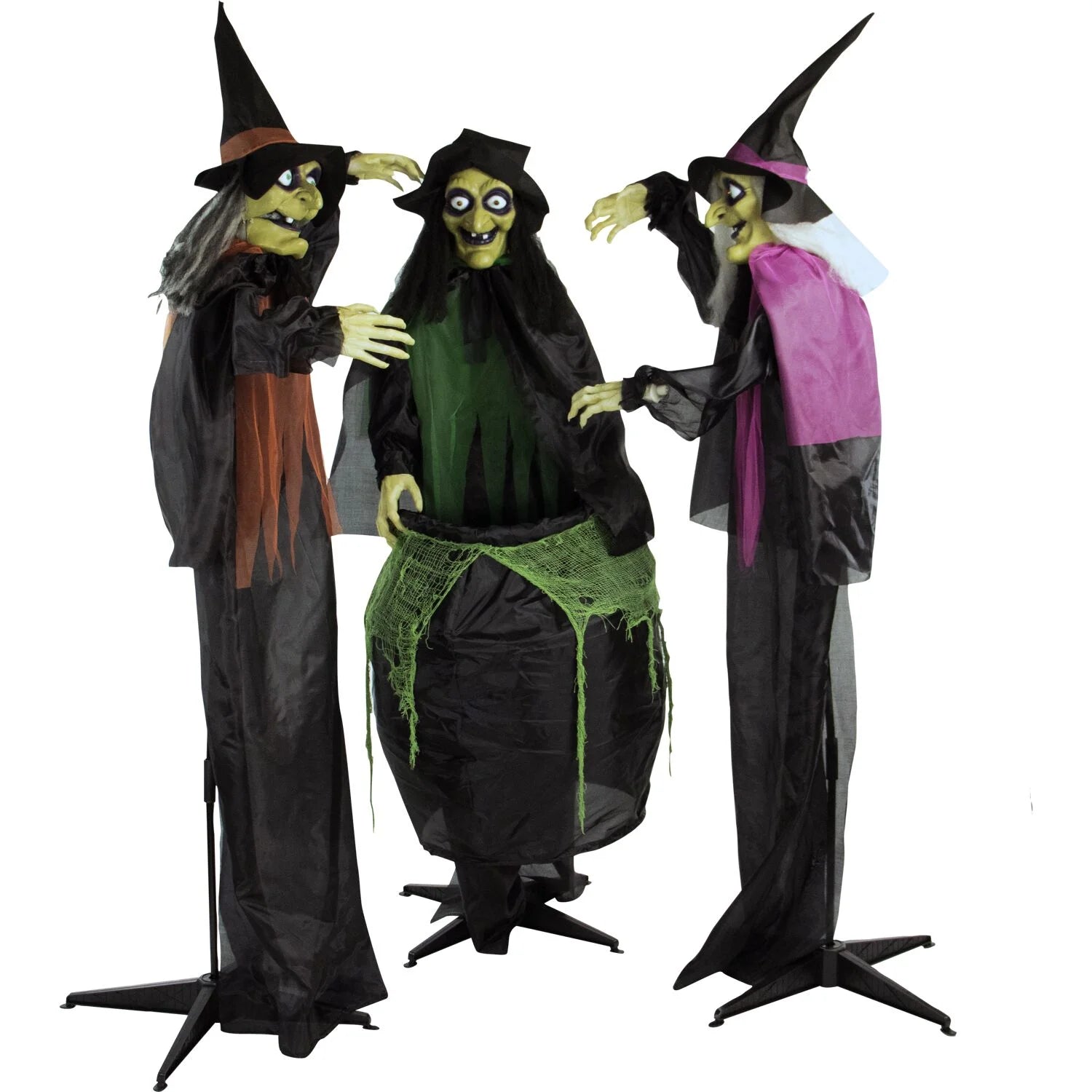 5.7 Ft Animatronic 3 Witches with Cauldron, Indoor/Covered Outdoor Halloween Decoration with Light-Up Eyes, HHWITCH-15FLS