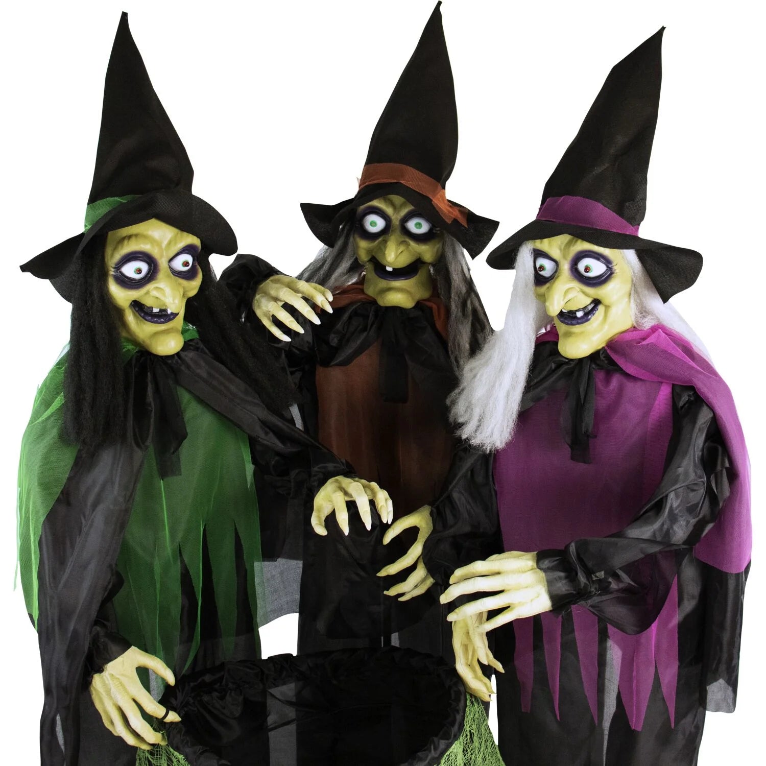 5.7 Ft Animatronic 3 Witches with Cauldron, Indoor/Covered Outdoor Halloween Decoration with Light-Up Eyes, HHWITCH-15FLS