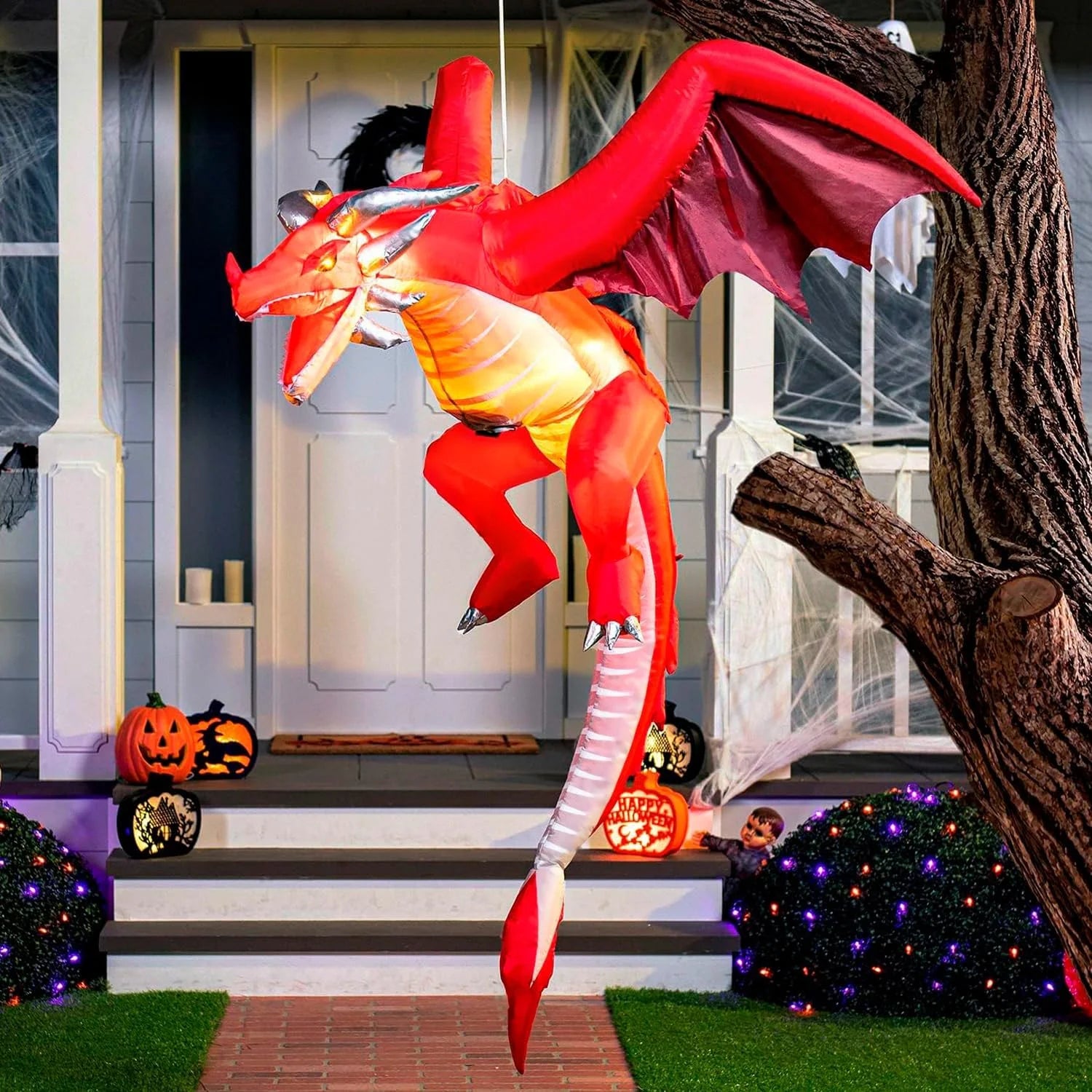 5Ft Halloween Inflatable Flying Dragon,Red Hanging Flying Dragon Inflatable Halloween Blow up Yard Decorations outside Decorations