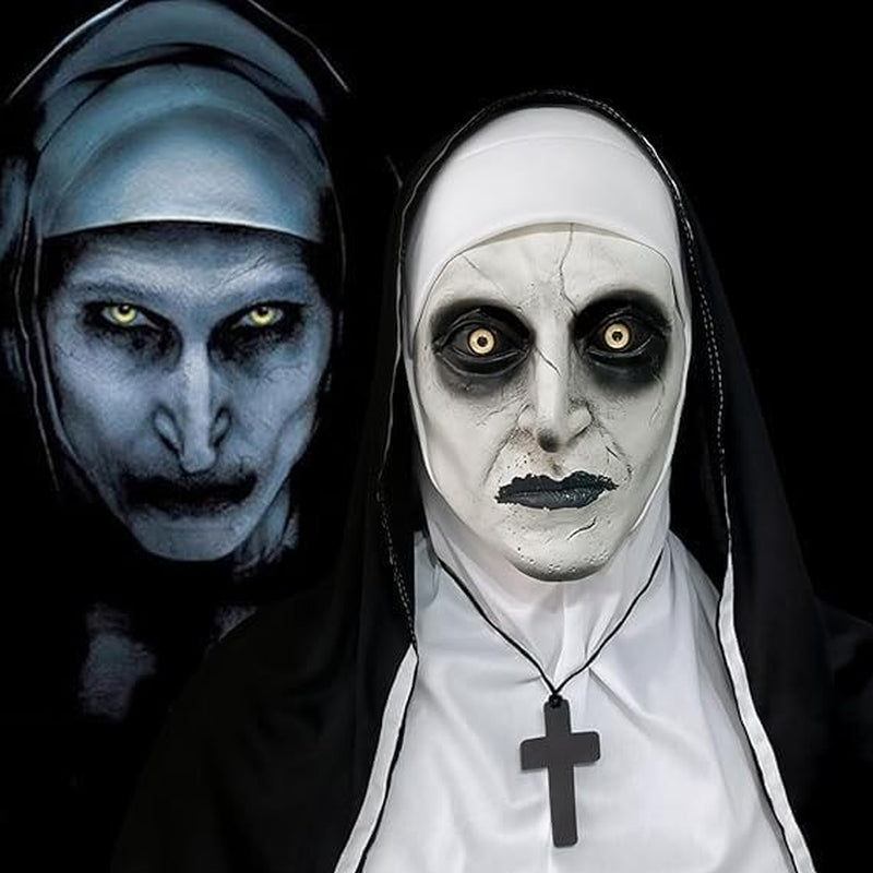 The Nun Scary Halloween Mask, Full Head Horror Mask with Cross Necklace, Gothic