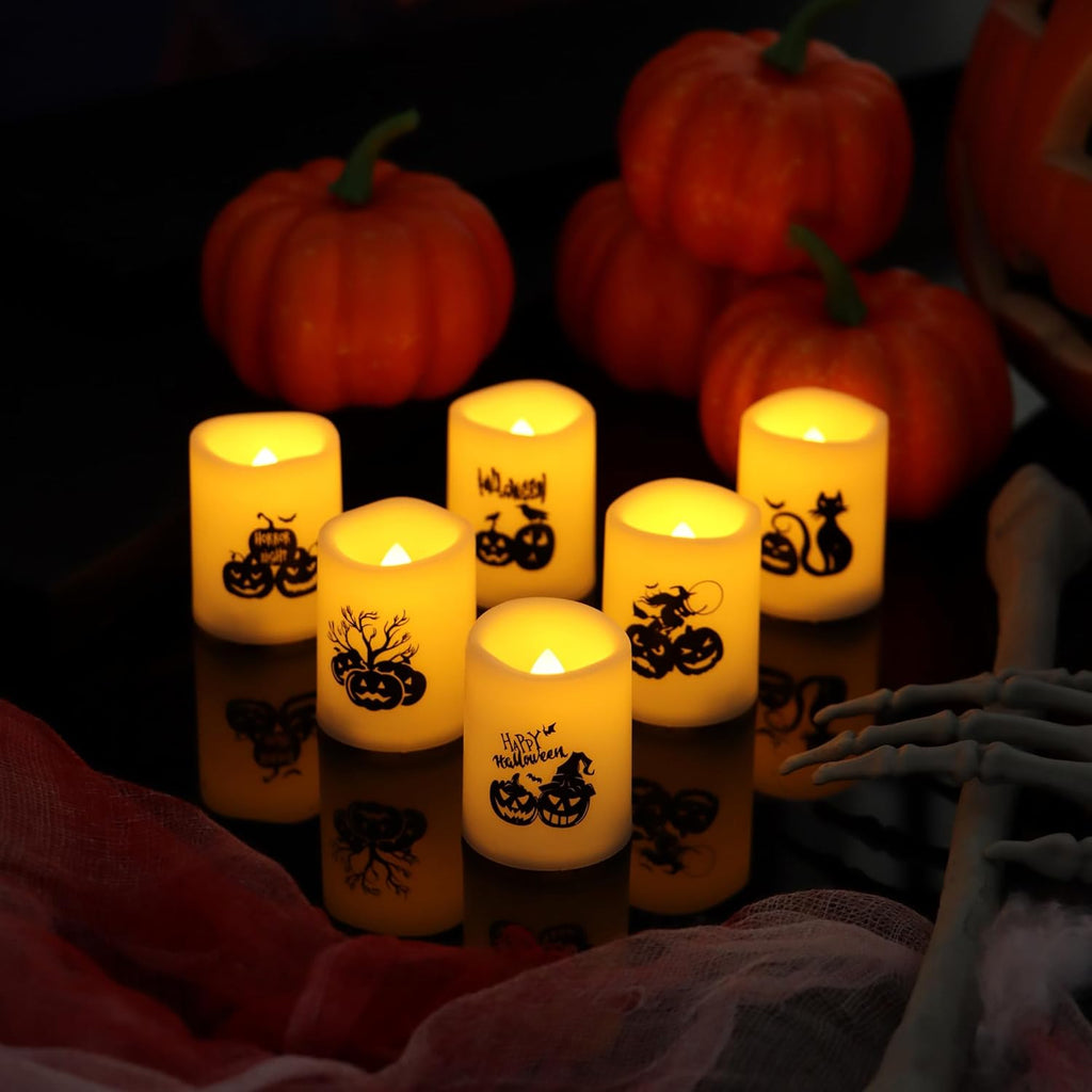 Battery Operated Flameless Votive Candles, Small Realistic Flickering Electric LED Candle Lights with Pumpkin Decals for Halloween Decorations, Pack of 6, Batteries Included