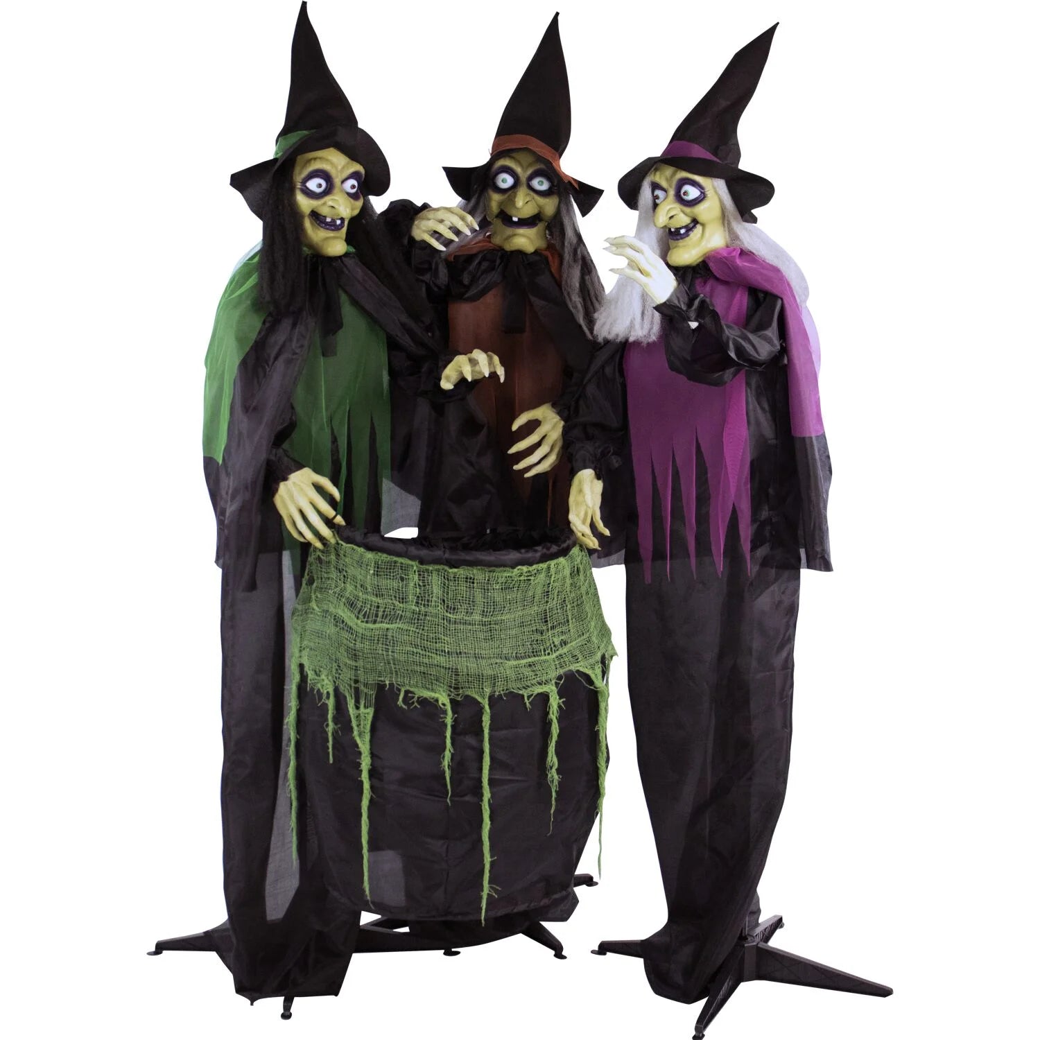 5.7 Ft Animatronic 3 Witches with Cauldron, Indoor/Covered Outdoor Halloween Decoration with Light-Up Eyes, HHWITCH-15FLS