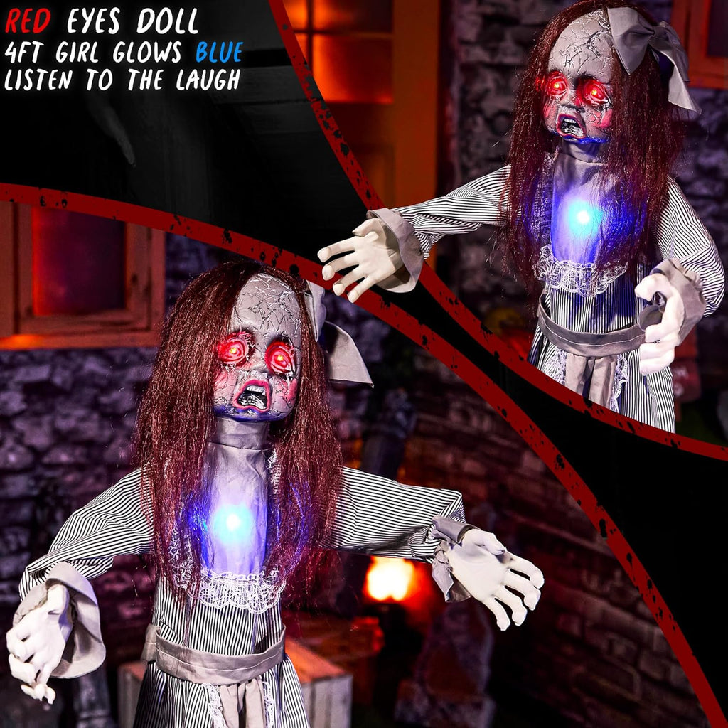 Halloween Animatronics 4Ft Creepy Doll Decoration - 48Inch Animated Scary Talkin