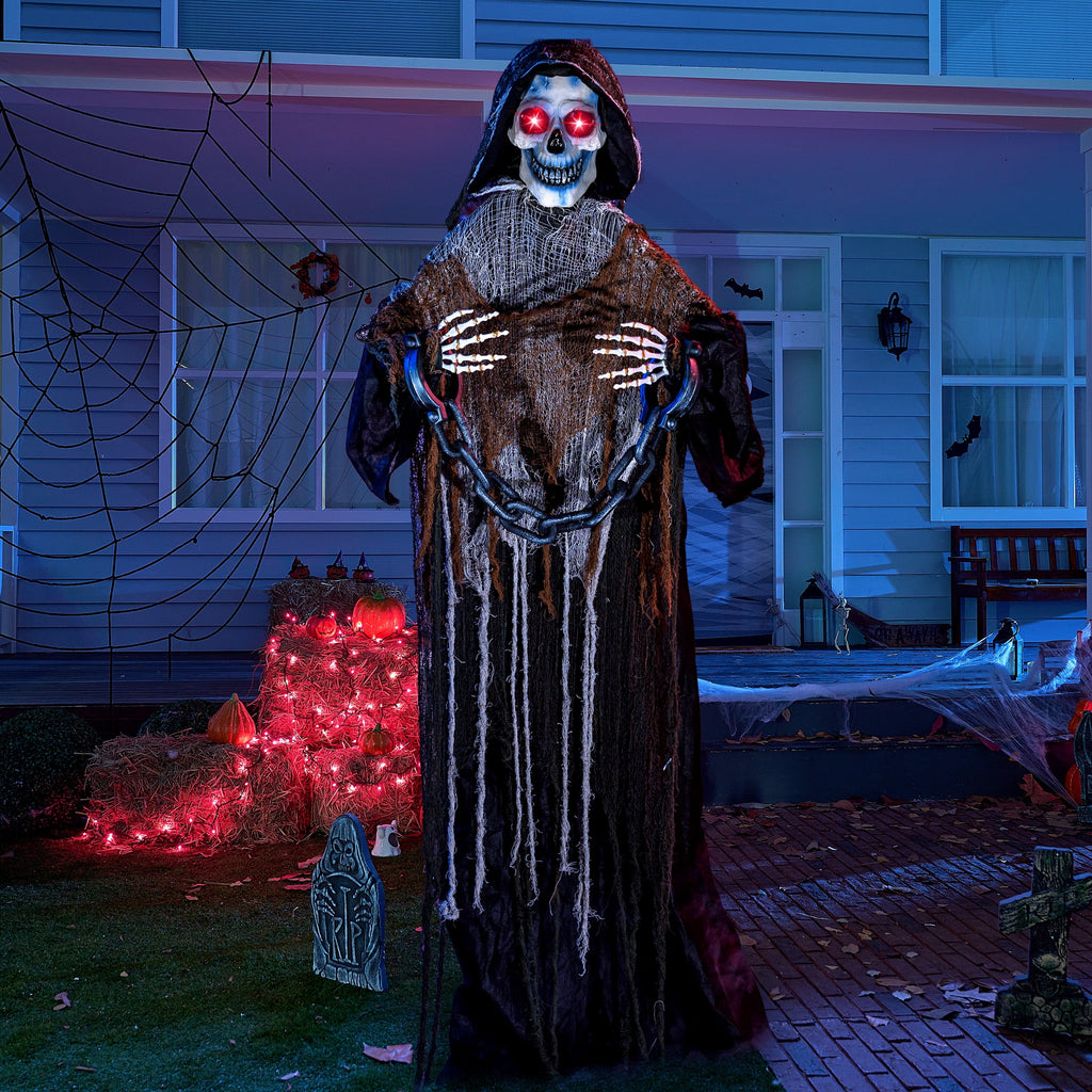 67 Inch Standing Grim Reaper with Chain Large Halloween Decorations Outdoor Scary Decorations Halloween Motion Activated Grim Reaper with LED Eyes & Sound