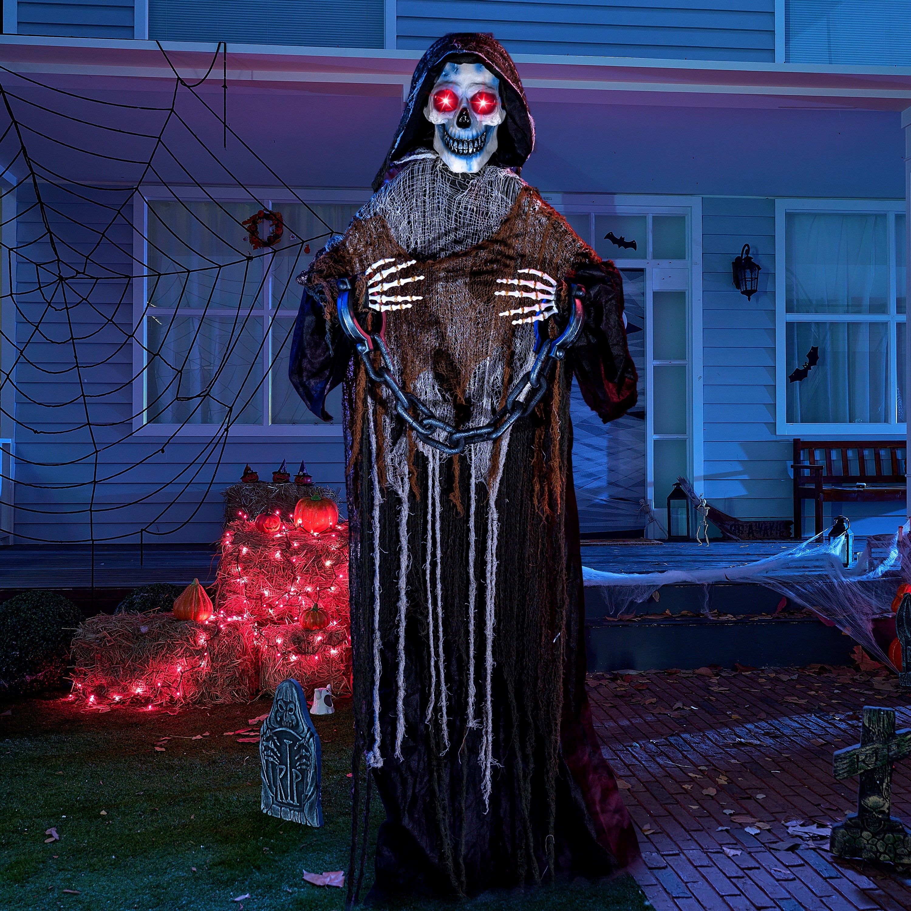 67 Inch Standing Grim Reaper with Chain Large Halloween Decorations Outdoor Scary Decorations Halloween Motion Activated Grim Reaper with LED Eyes & Sound