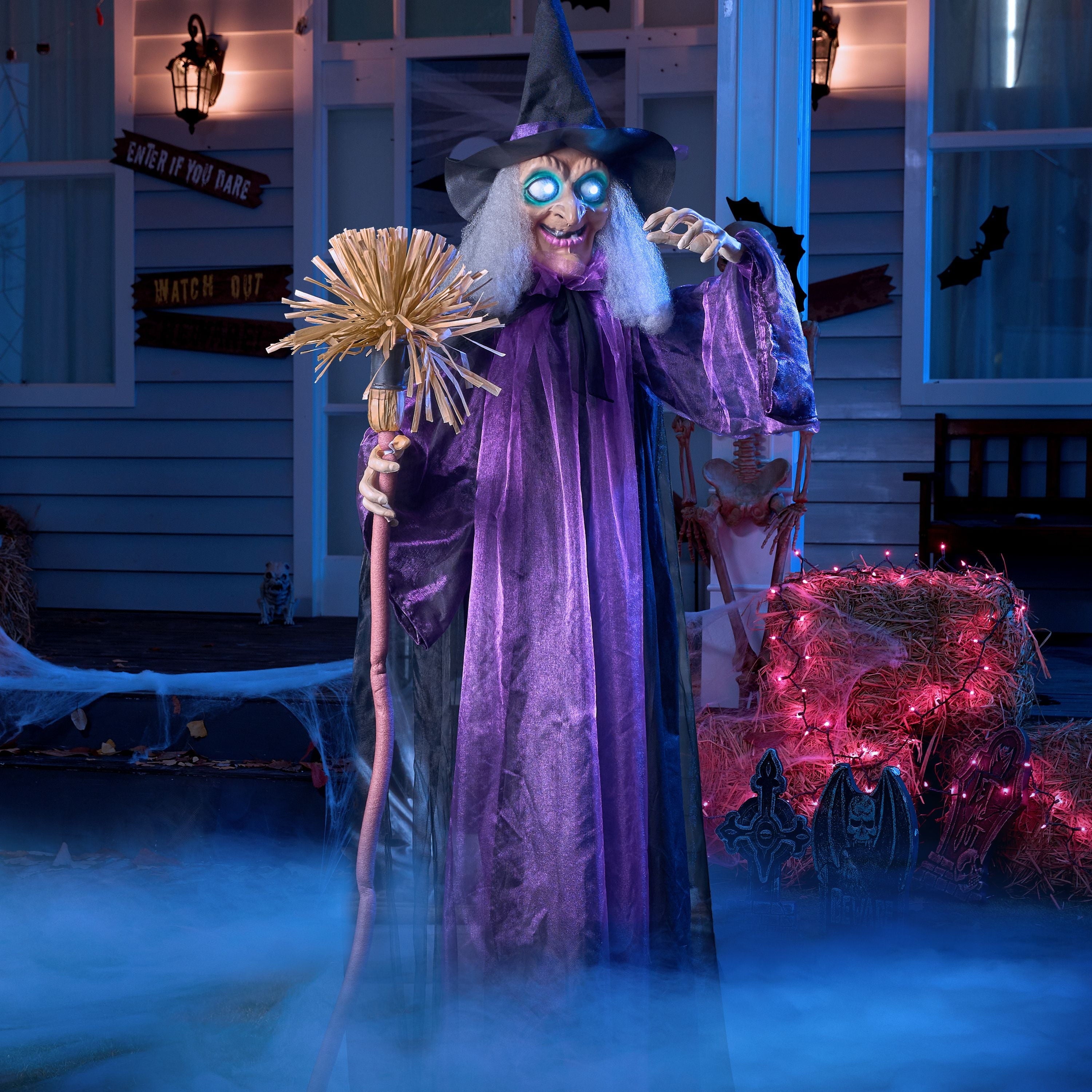 6 Ft Standing Witch Life Size Animated Halloween Decorations Outdoor Scary Decorations Halloween Motion Activated Witch with LED Eyes & Sound,Haunted House Decor