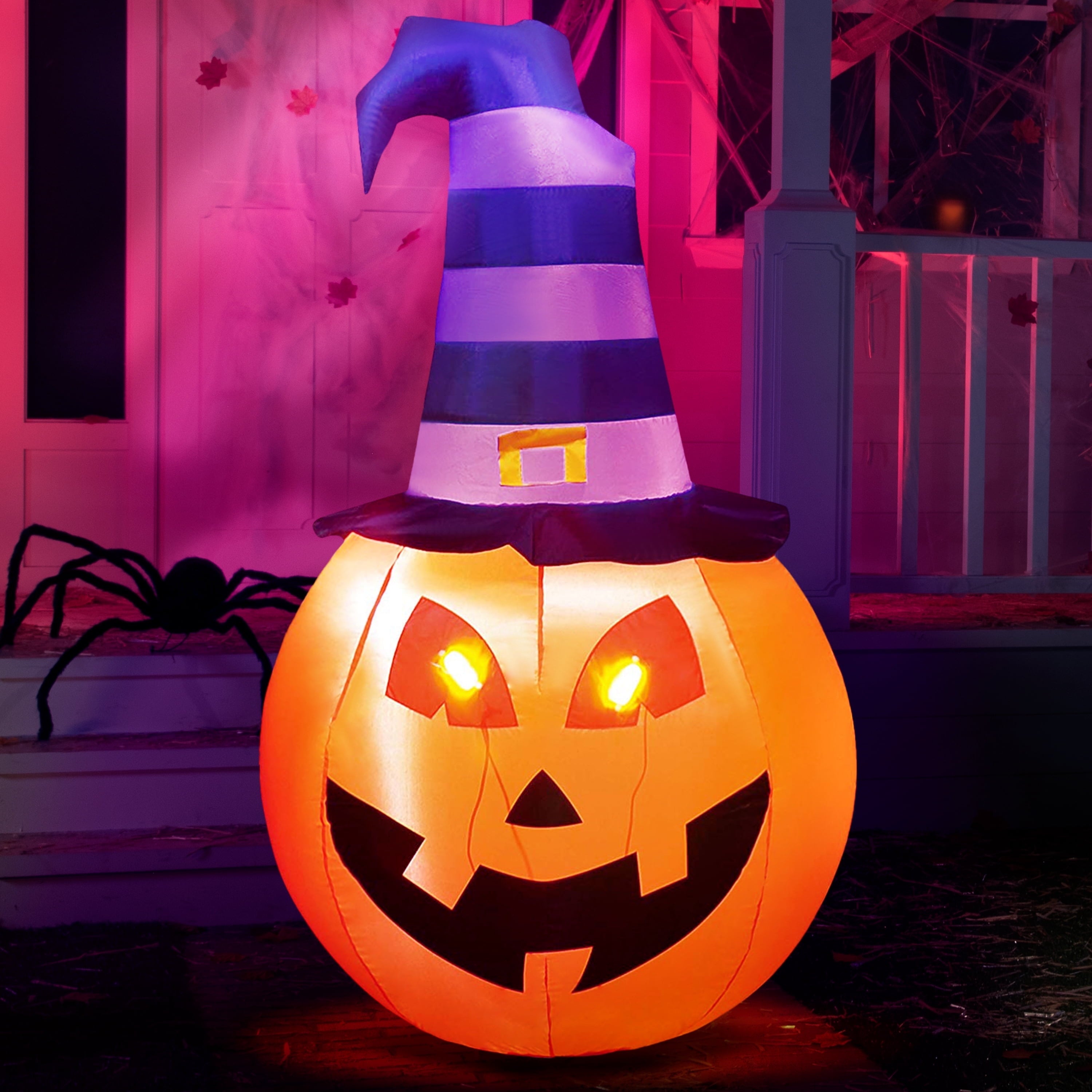 5 FT Halloween Inflatable Pumpkin with Witch Hat and Build-In Leds,Blow up Halloween Decorations,Fall Inflatables Outdoor Decorations