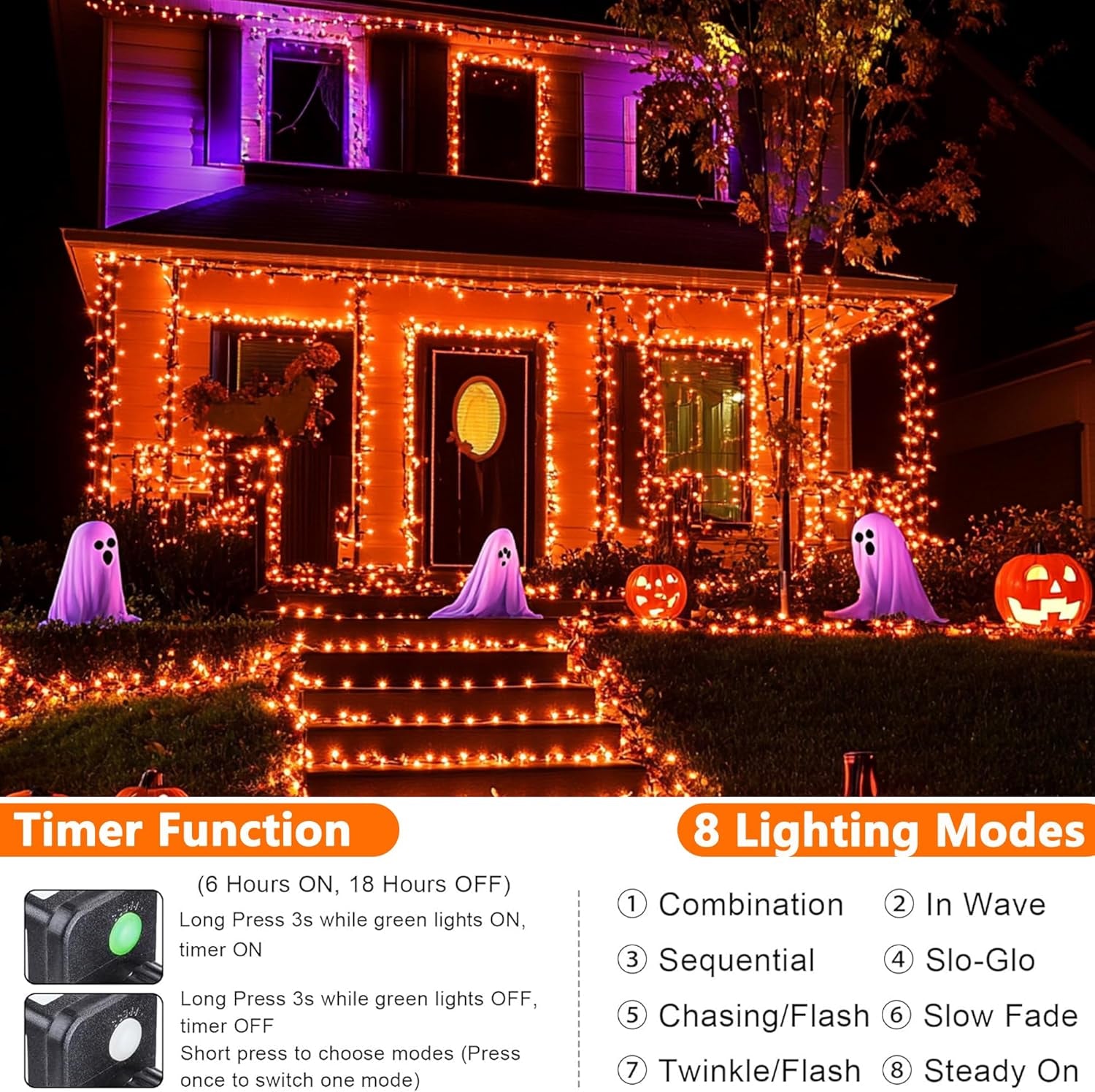 Orange Halloween Lights, 100FT 300 LED String Lights with 8 Modes Timer Waterproof Plug in Indoor Outdoor String Light for Halloween Decorations