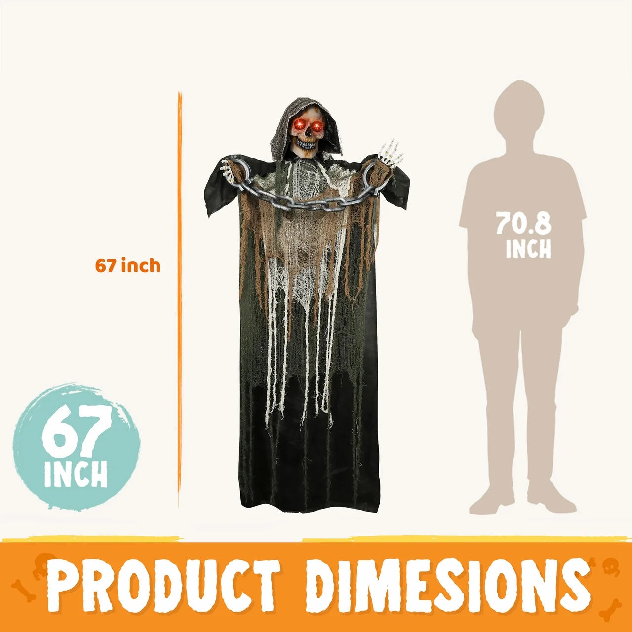 67 Inch Standing Grim Reaper with Chain Large Halloween Decorations Outdoor Scary Decorations Halloween Motion Activated Grim Reaper with LED Eyes & Sound